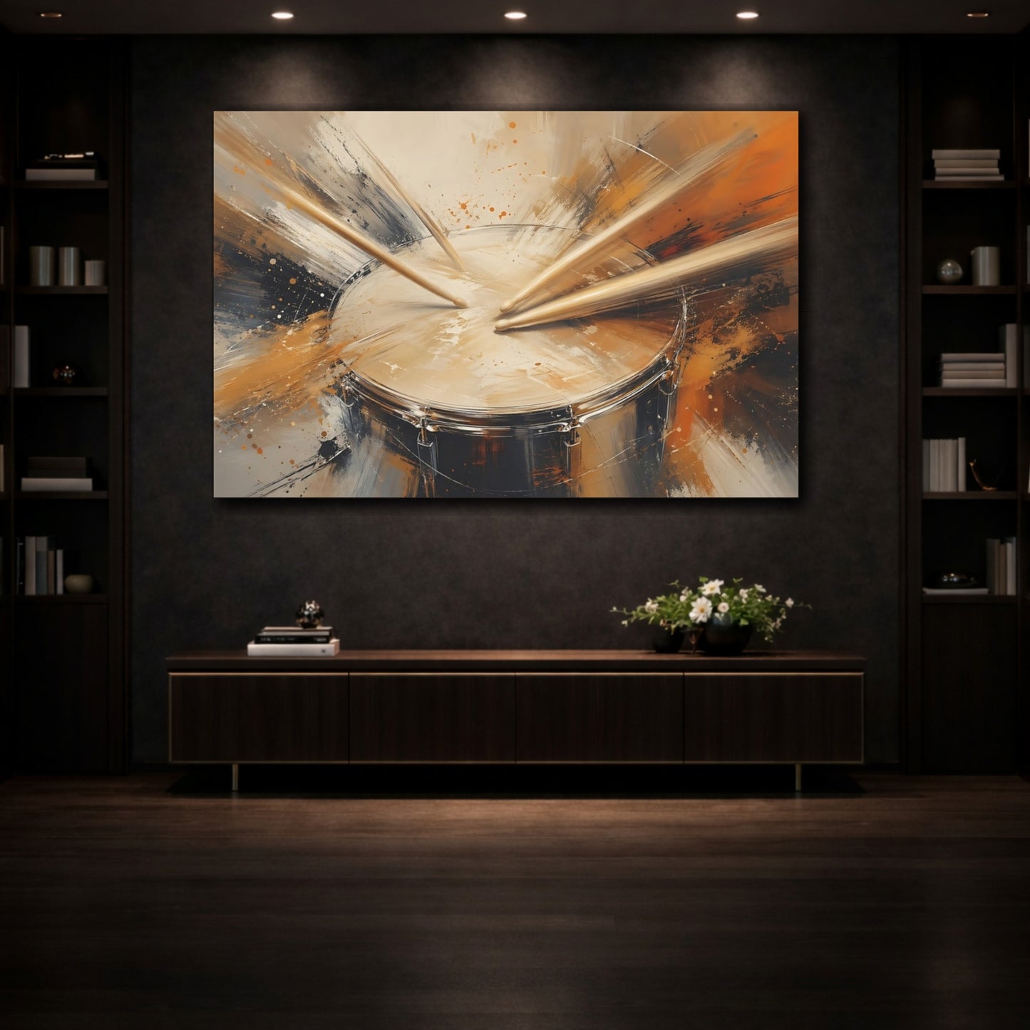 Mockup 3. Abstract Drum Brown And Orange Drum shown as stretched canvas wall art