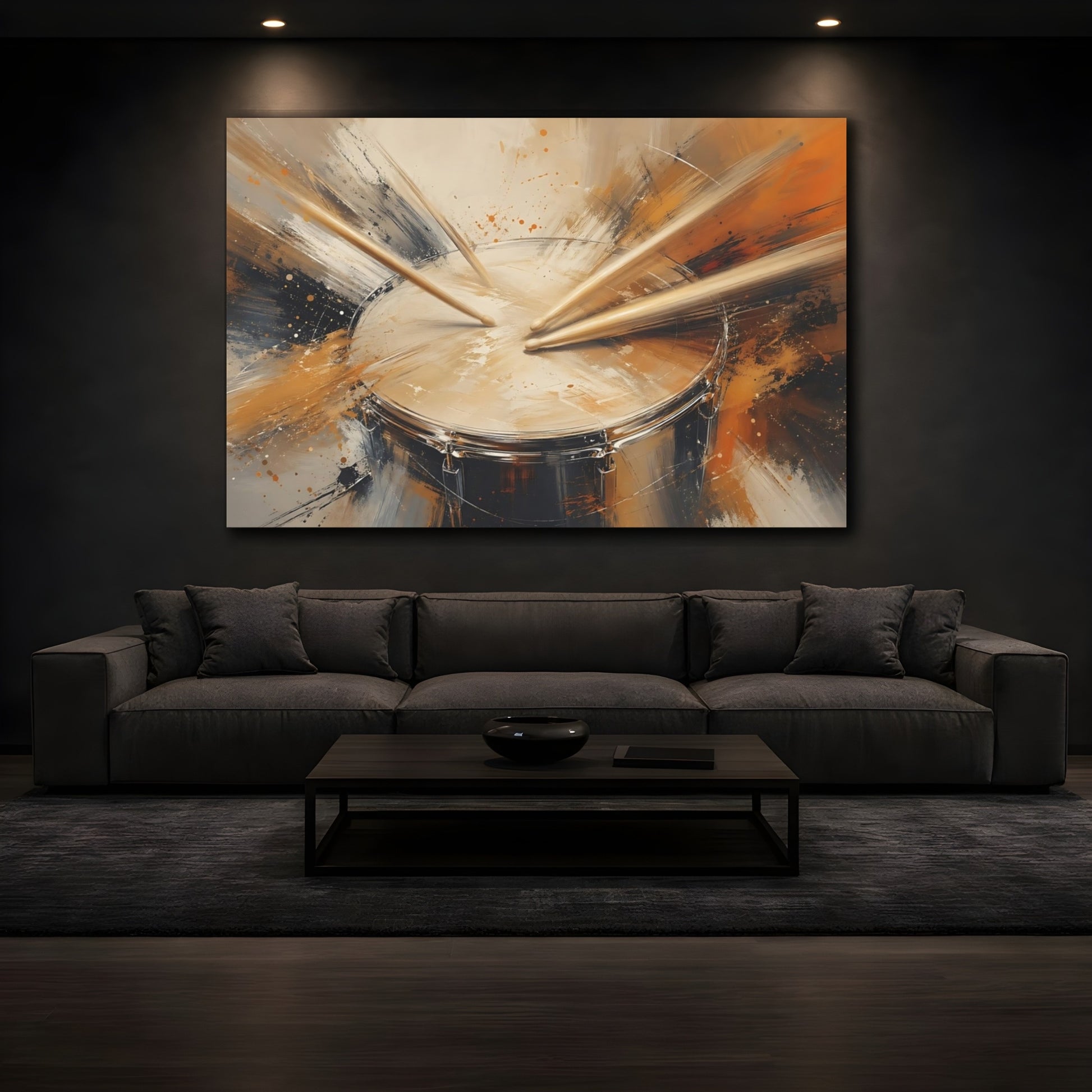 Mockup 4. Abstract Drum Brown And Orange Drum shown as stretched canvas wall art