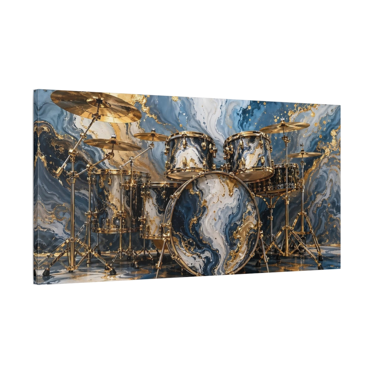 Main Mockup. Abstract Drum Kit Blue Gold Abstract shown as stretched canvas wall art