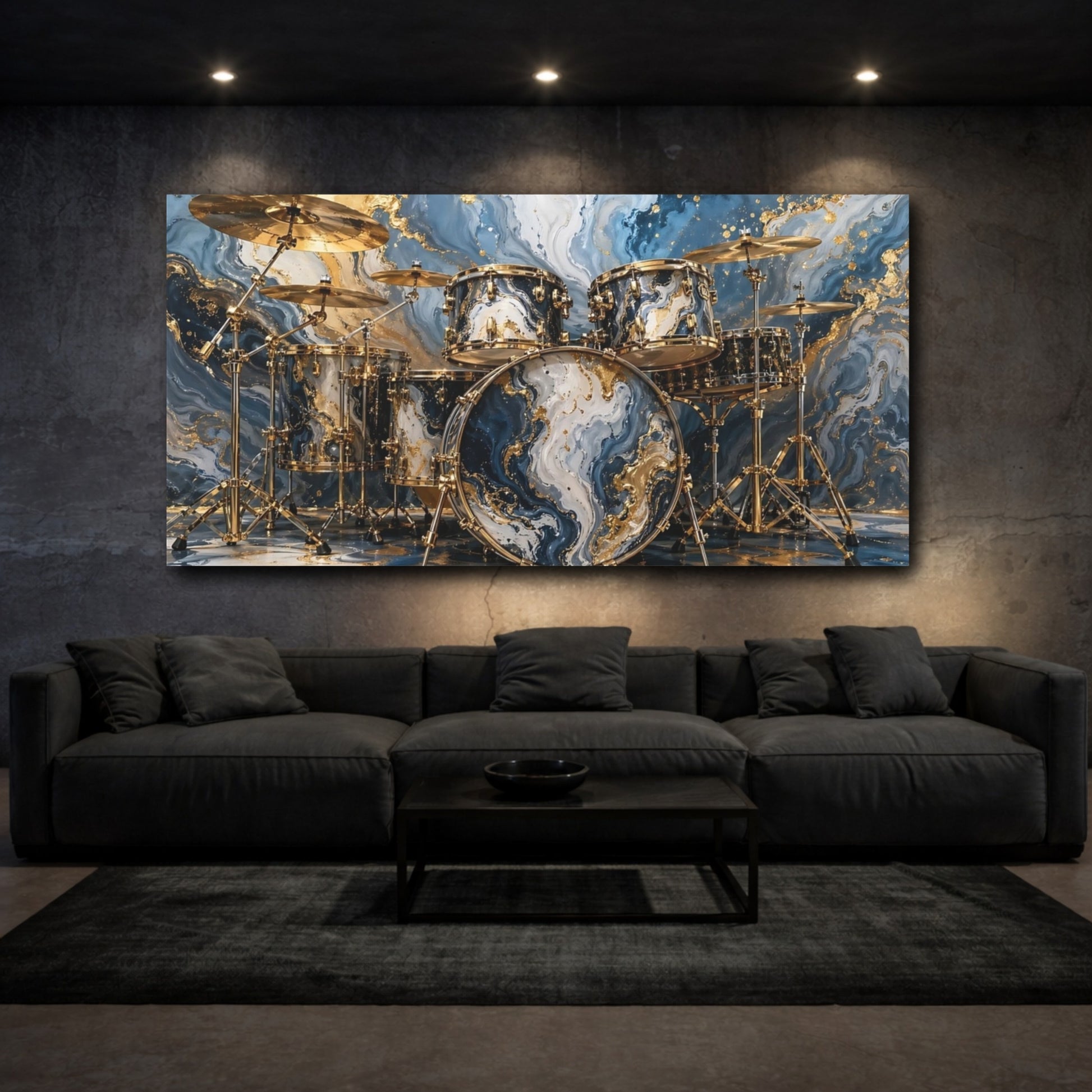Mockup 2. Abstract Drum Kit Blue Gold Abstract shown as stretched canvas wall art