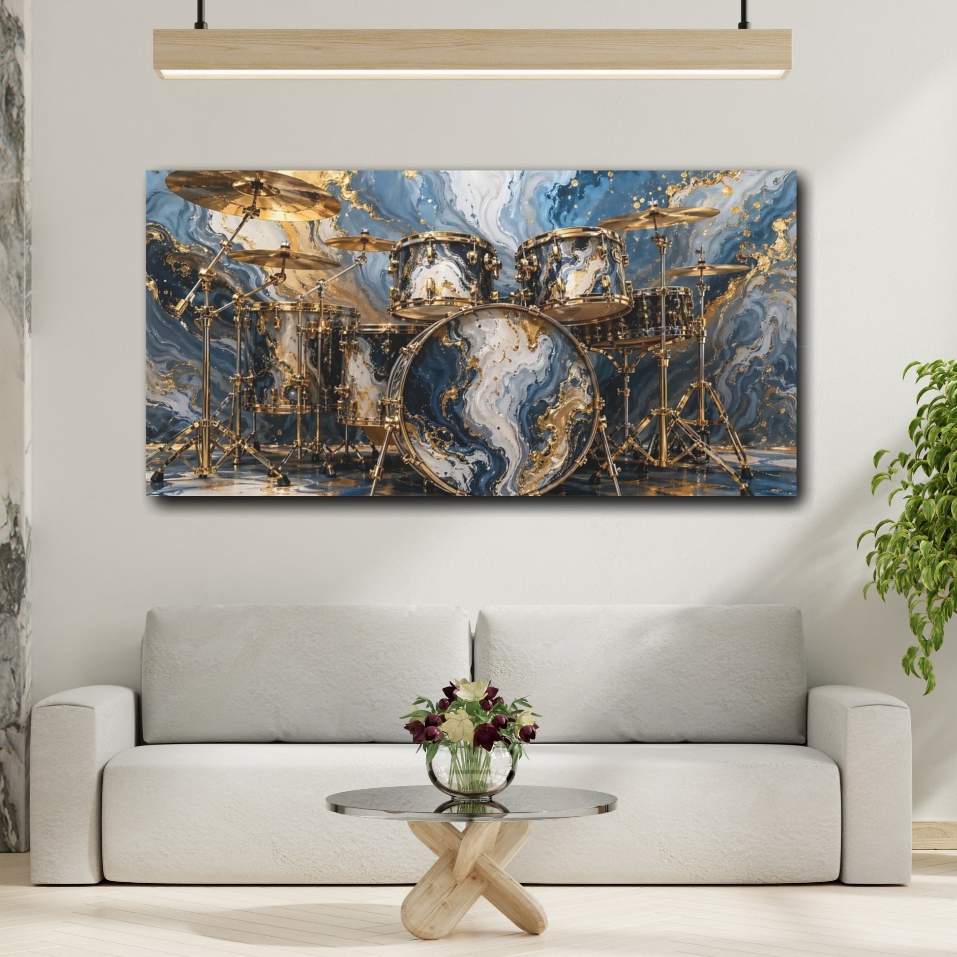 Mockup 3. Abstract Drum Kit Blue Gold Abstract shown as stretched canvas wall art