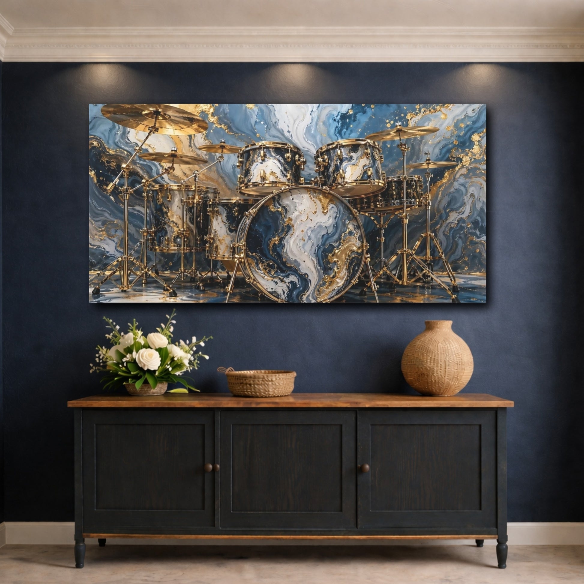 Mockup 4. Abstract Drum Kit Blue Gold Abstract shown as stretched canvas wall art