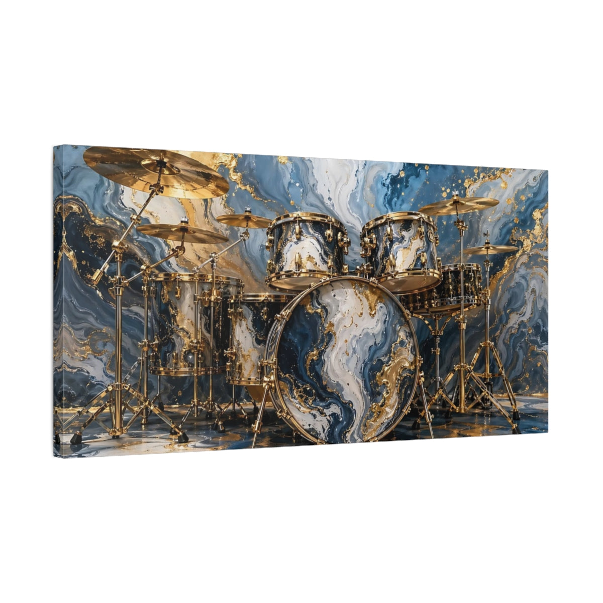 Side Mockup 1. Abstract Drum Kit Blue Gold Abstract shown as stretched canvas wall art