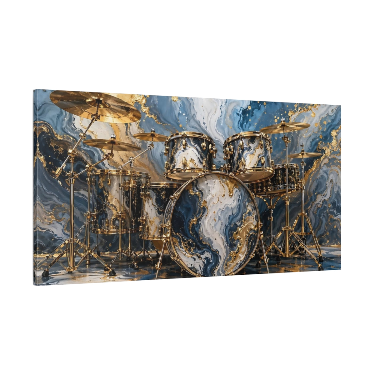 Side Mockup 2. Abstract Drum Kit Blue Gold Abstract shown as stretched canvas wall art