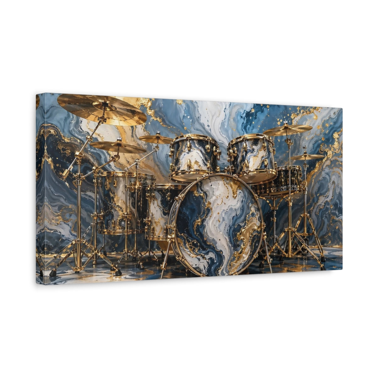 Side Mockup 3. Abstract Drum Kit Blue Gold Abstract shown as stretched canvas wall art