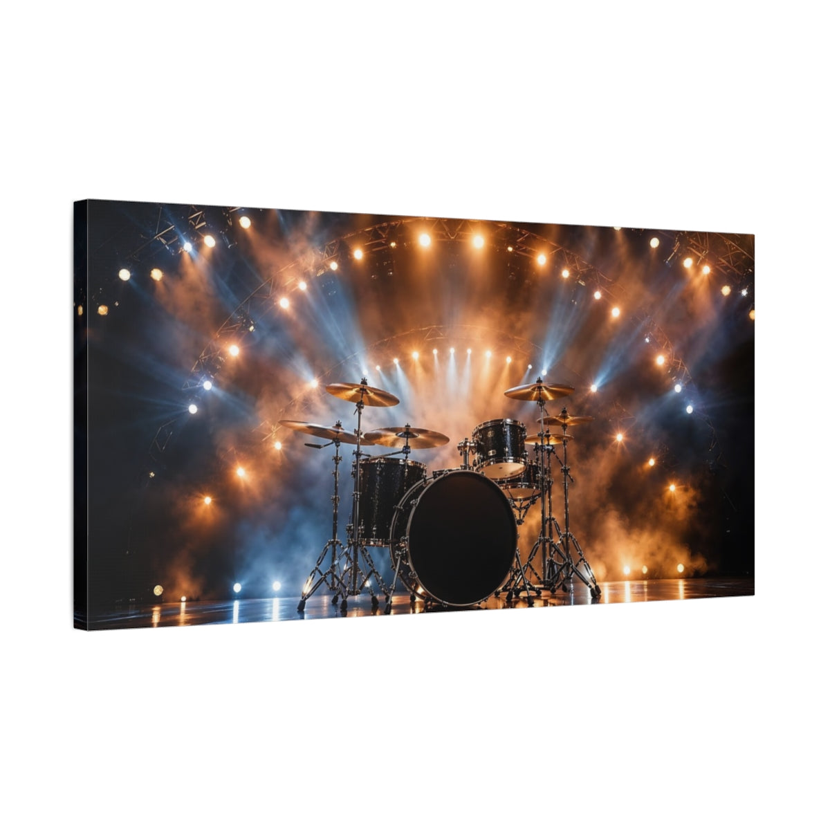 Side Mockup 1. Abstract Drum Set Concert Stage Lights shown as stretched canvas wall art