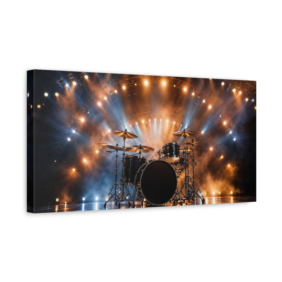 Side Mockup 3. Abstract Drum Set Concert Stage Lights shown as stretched canvas wall art