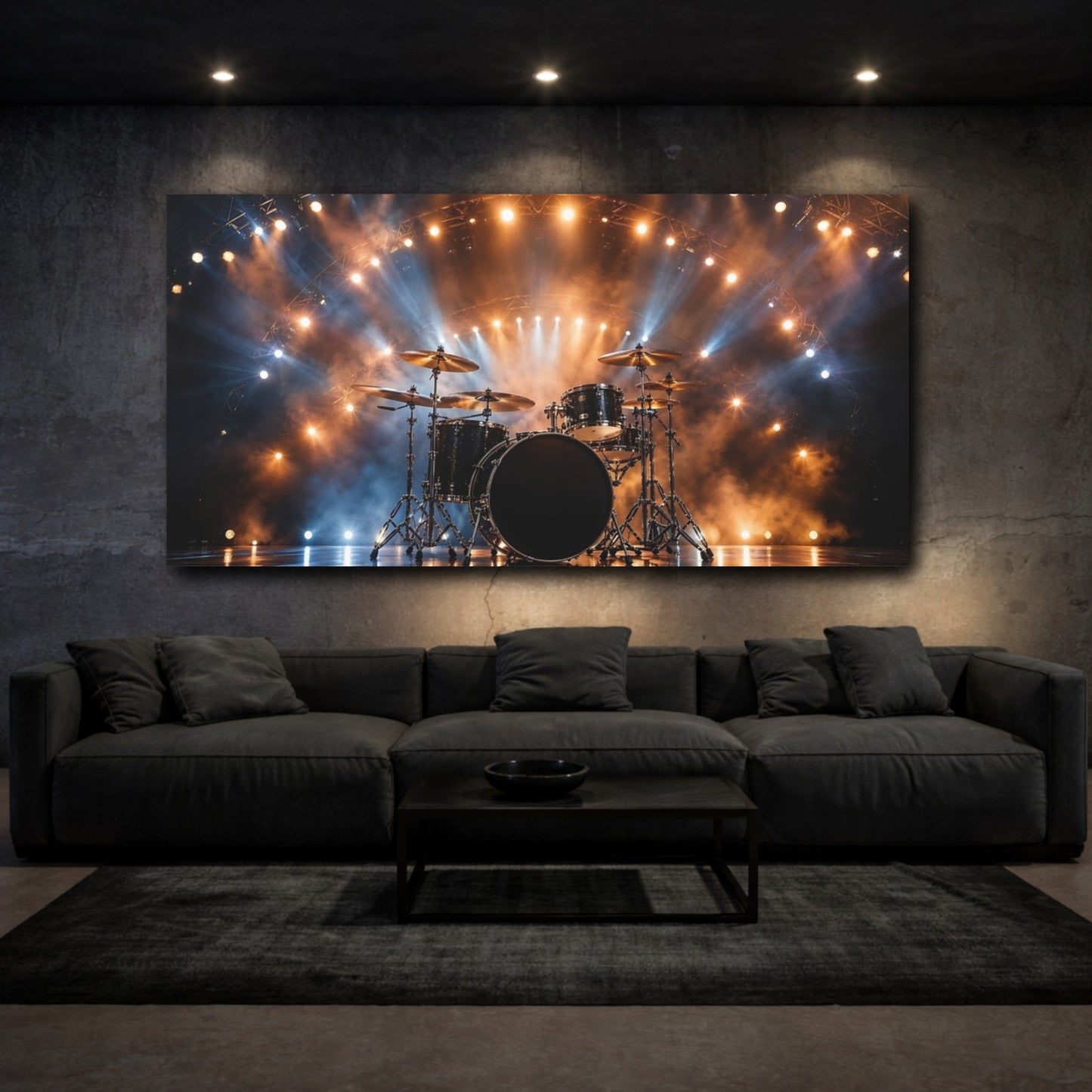 Mockup 2. Abstract Drum Set Concert Stage Lights shown as stretched canvas wall art