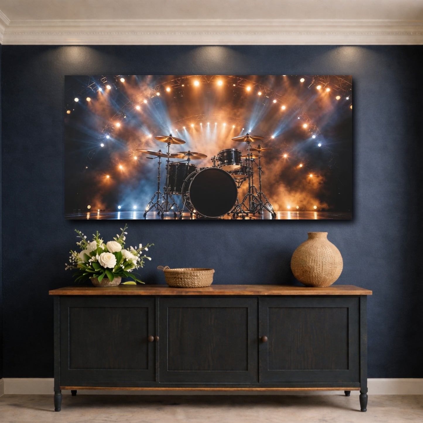 Mockup 4. Abstract Drum Set Concert Stage Lights shown as stretched canvas wall art