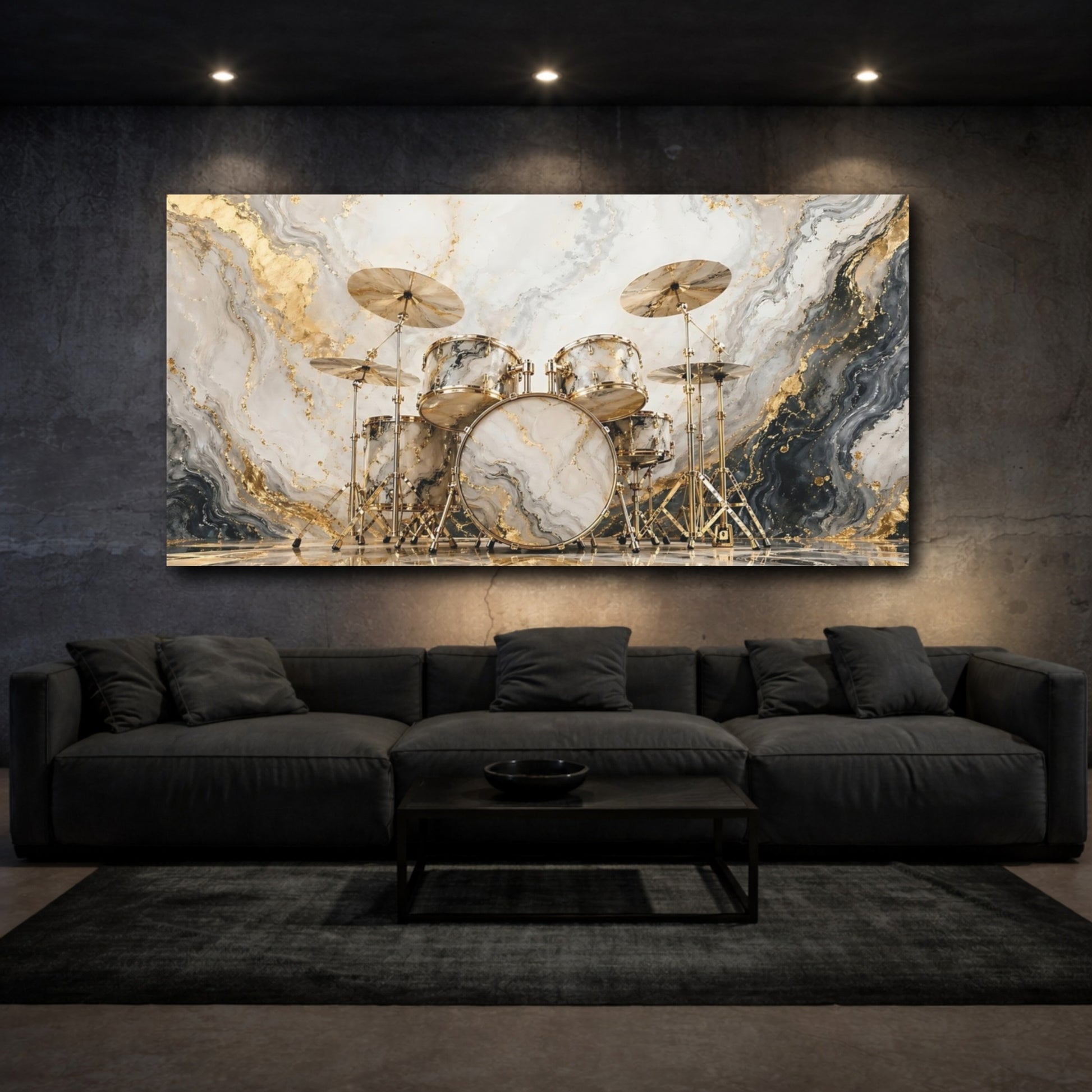 Mockup 2. Abstract Drum Set Gold Marble Drums shown as stretched canvas wall art