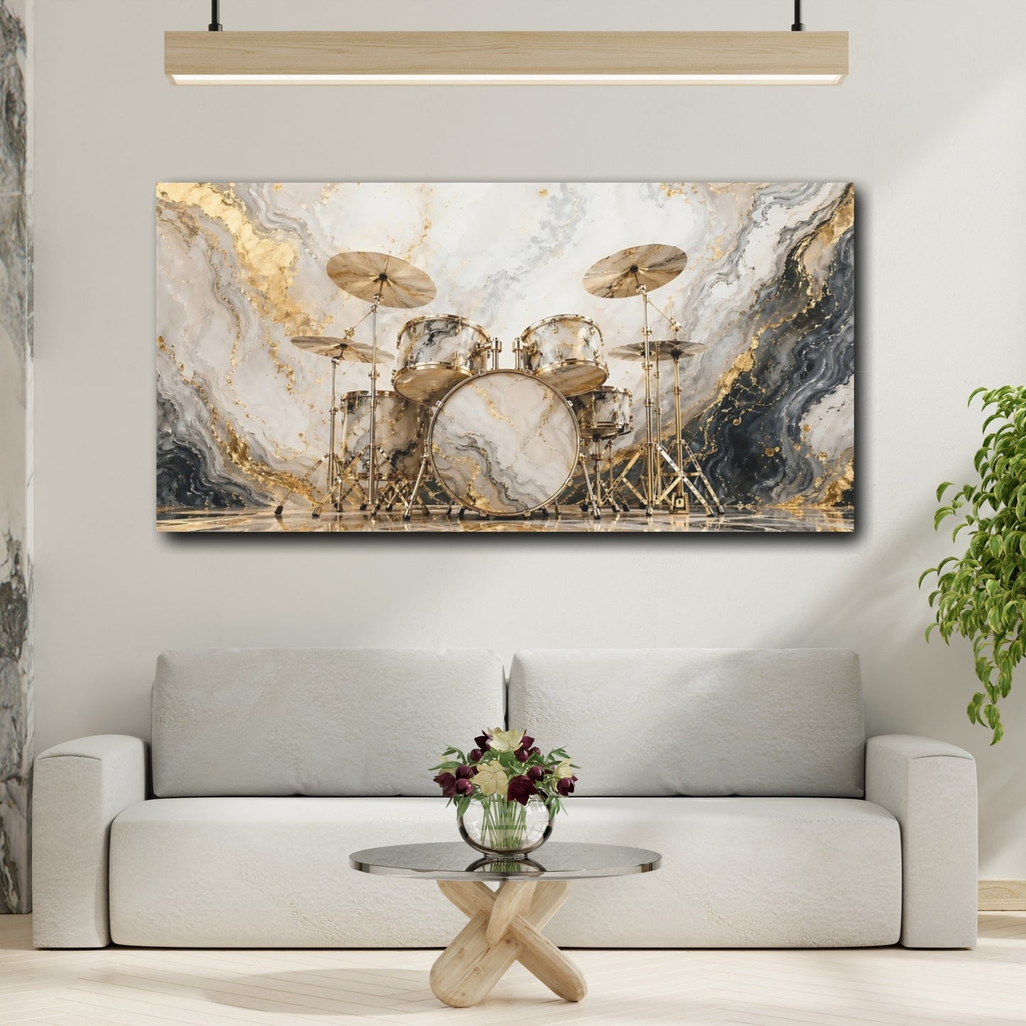 Mockup 3. Abstract Drum Set Gold Marble Drums shown as stretched canvas wall art