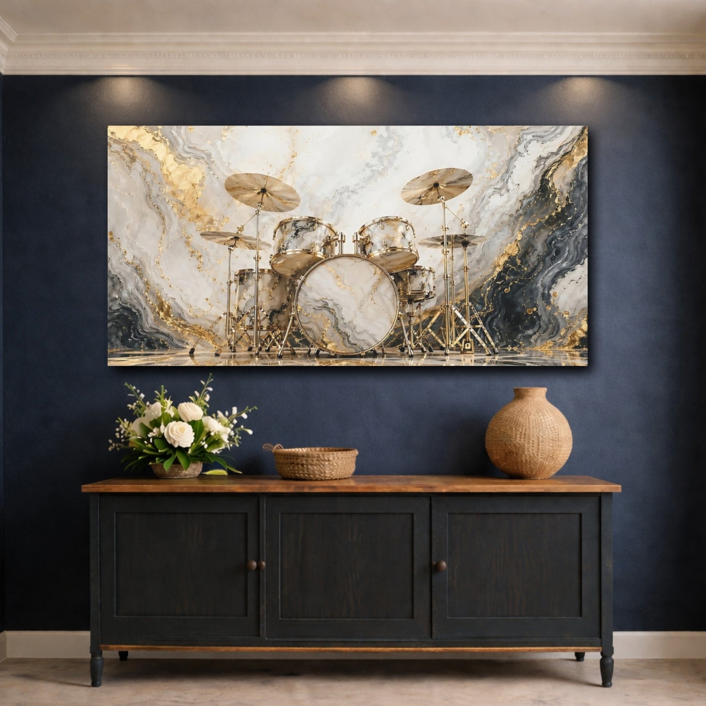 Mockup 4. Abstract Drum Set Gold Marble Drums shown as stretched canvas wall art