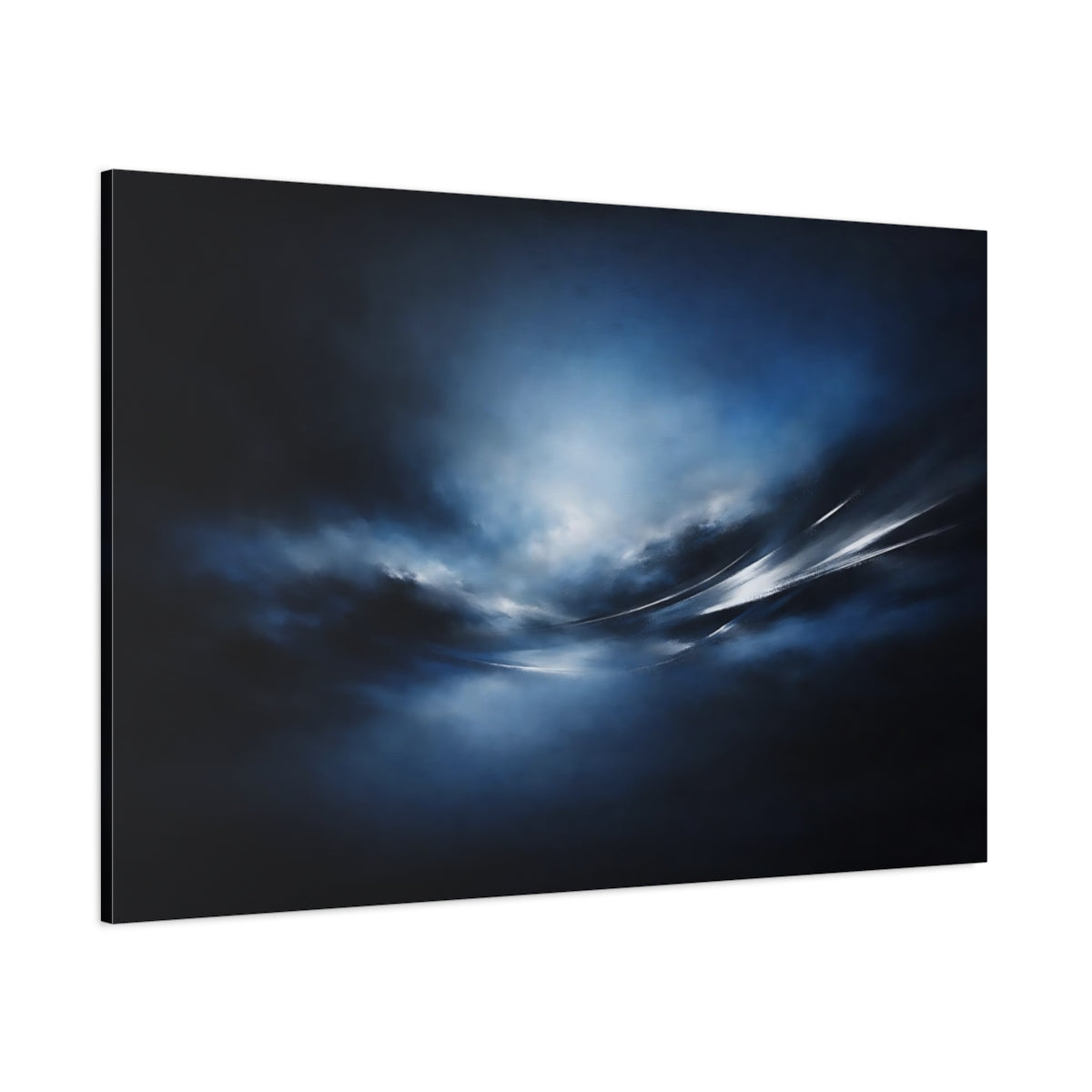 Main Mockup. Abstract Dynamic Light Dark Blue Abstract shown as stretched canvas wall art