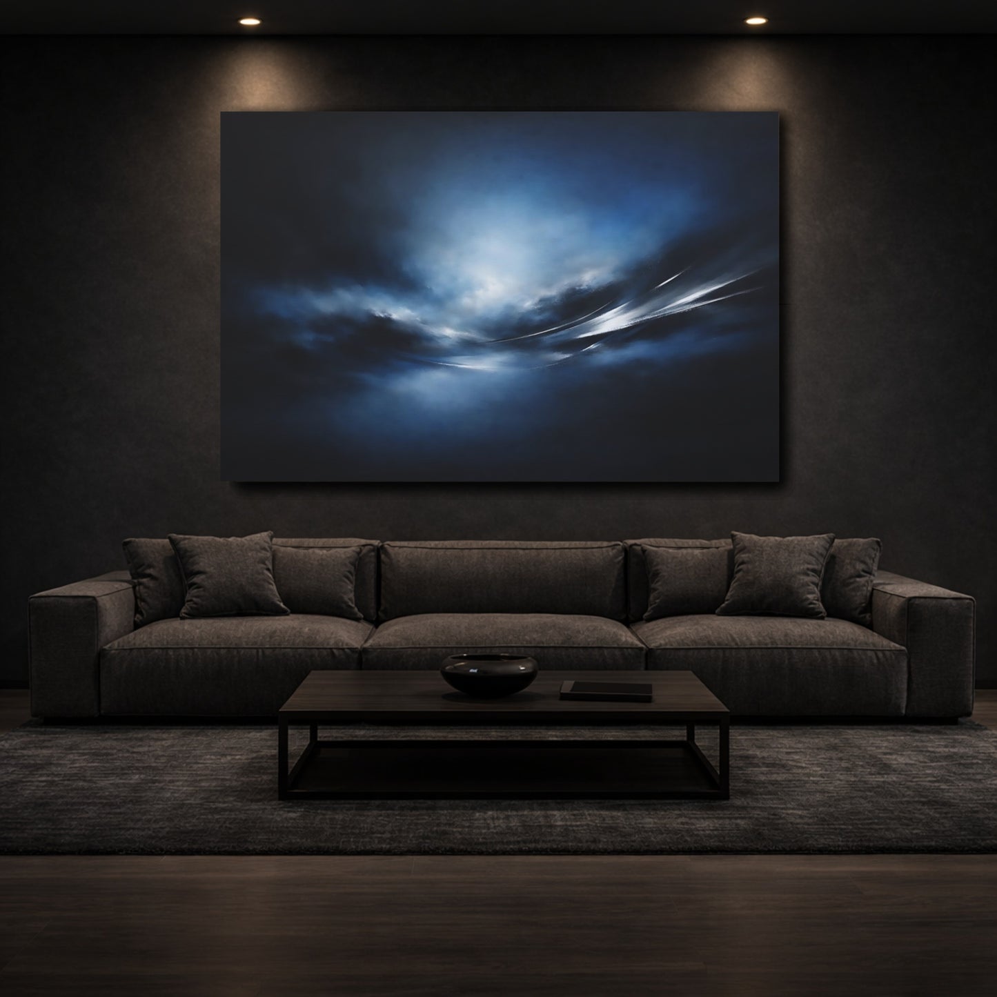 Mockup 2. Abstract Dynamic Light Dark Blue Abstract shown as stretched canvas wall art