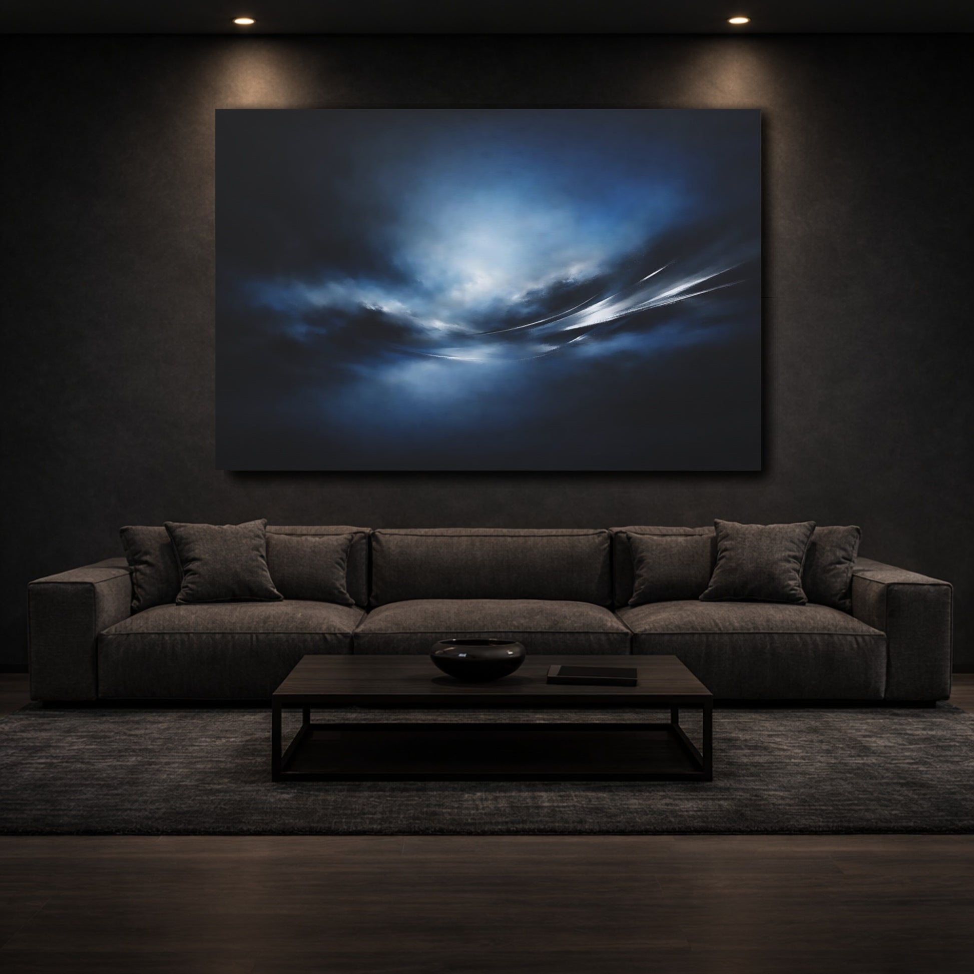Mockup 2. Abstract Dynamic Light Dark Blue Abstract shown as stretched canvas wall art