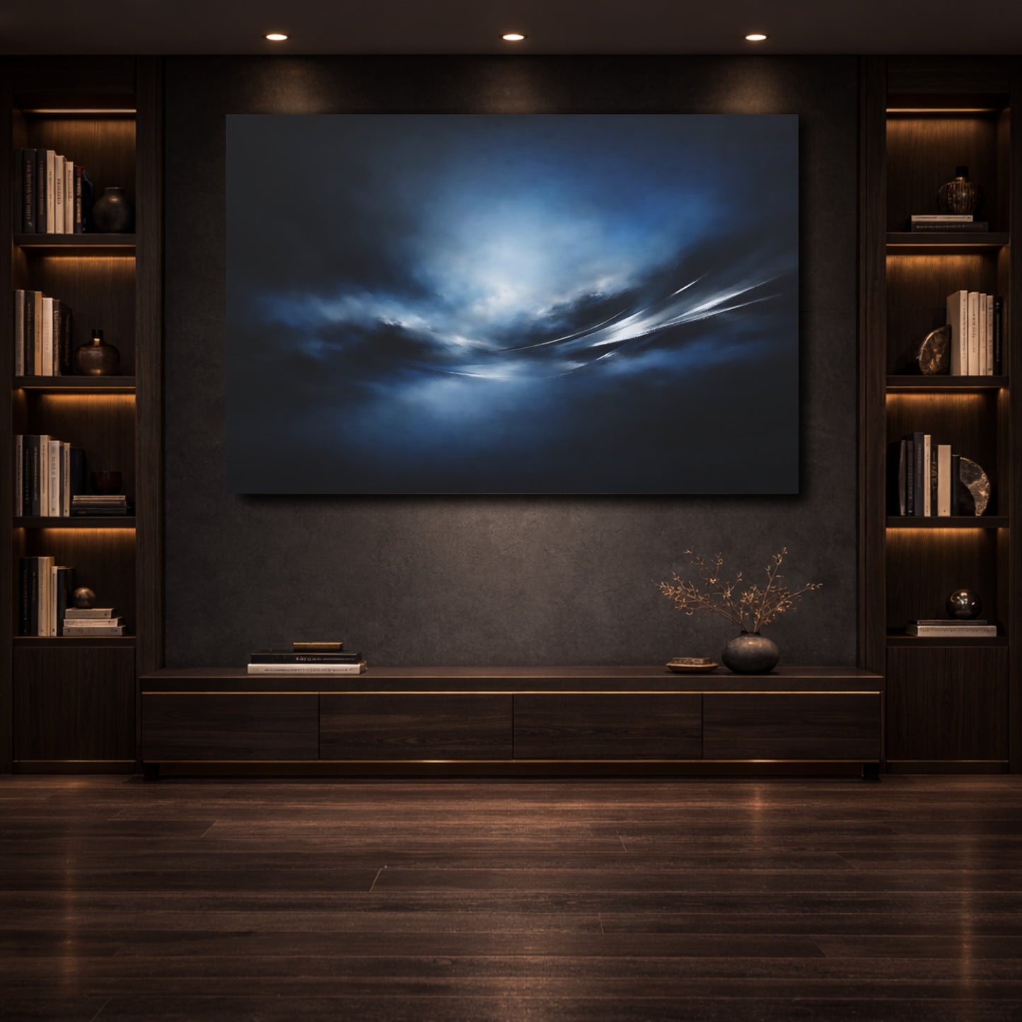 Mockup 3. Abstract Dynamic Light Dark Blue Abstract shown as stretched canvas wall art