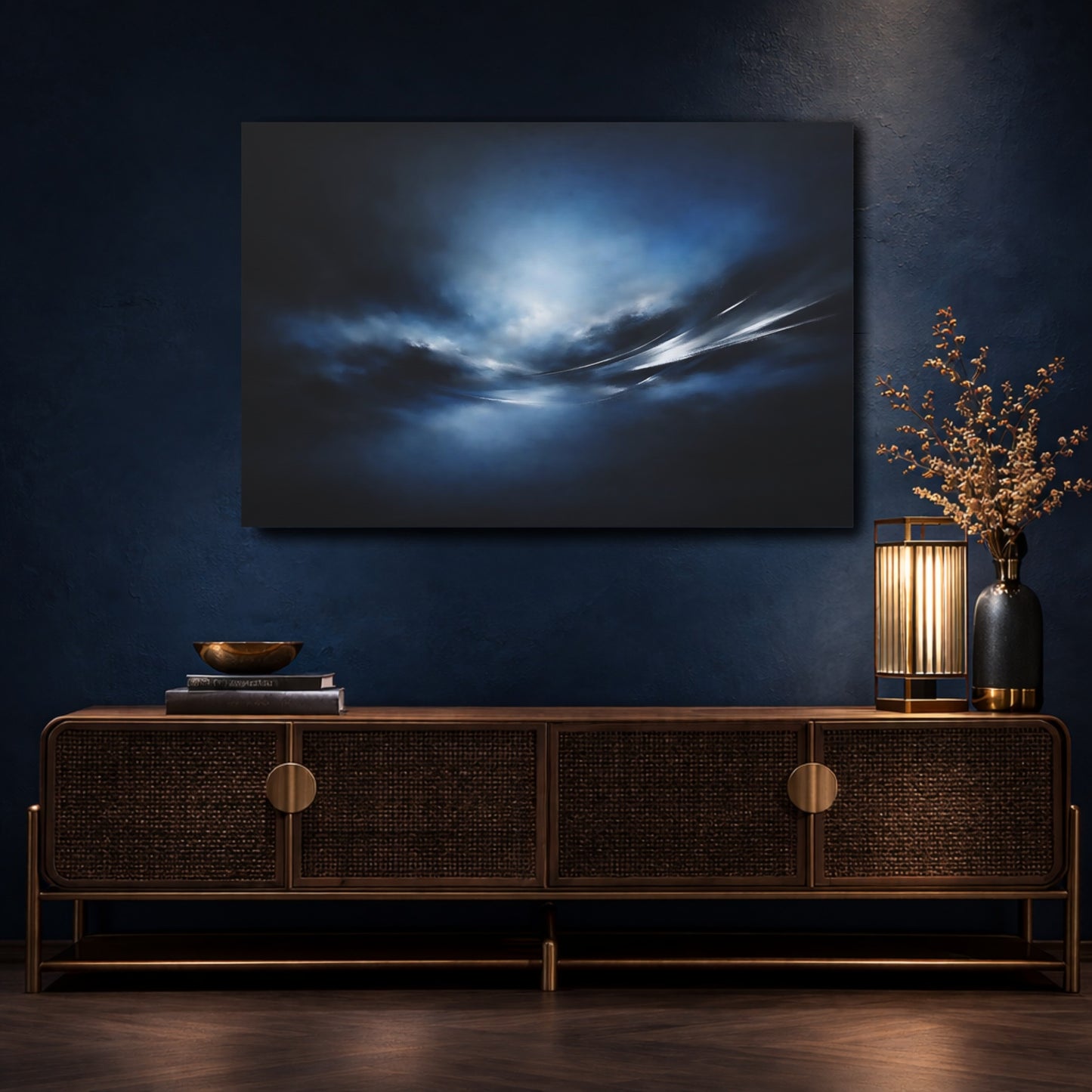 Mockup 4. Abstract Dynamic Light Dark Blue Abstract shown as stretched canvas wall art