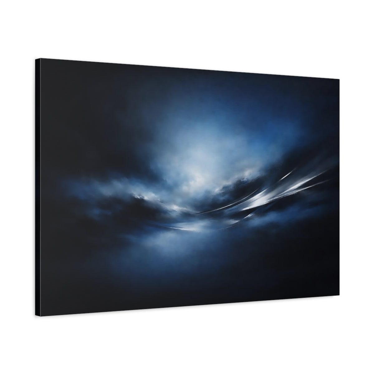 Side Mockup 1. Abstract Dynamic Light Dark Blue Abstract shown as stretched canvas wall art