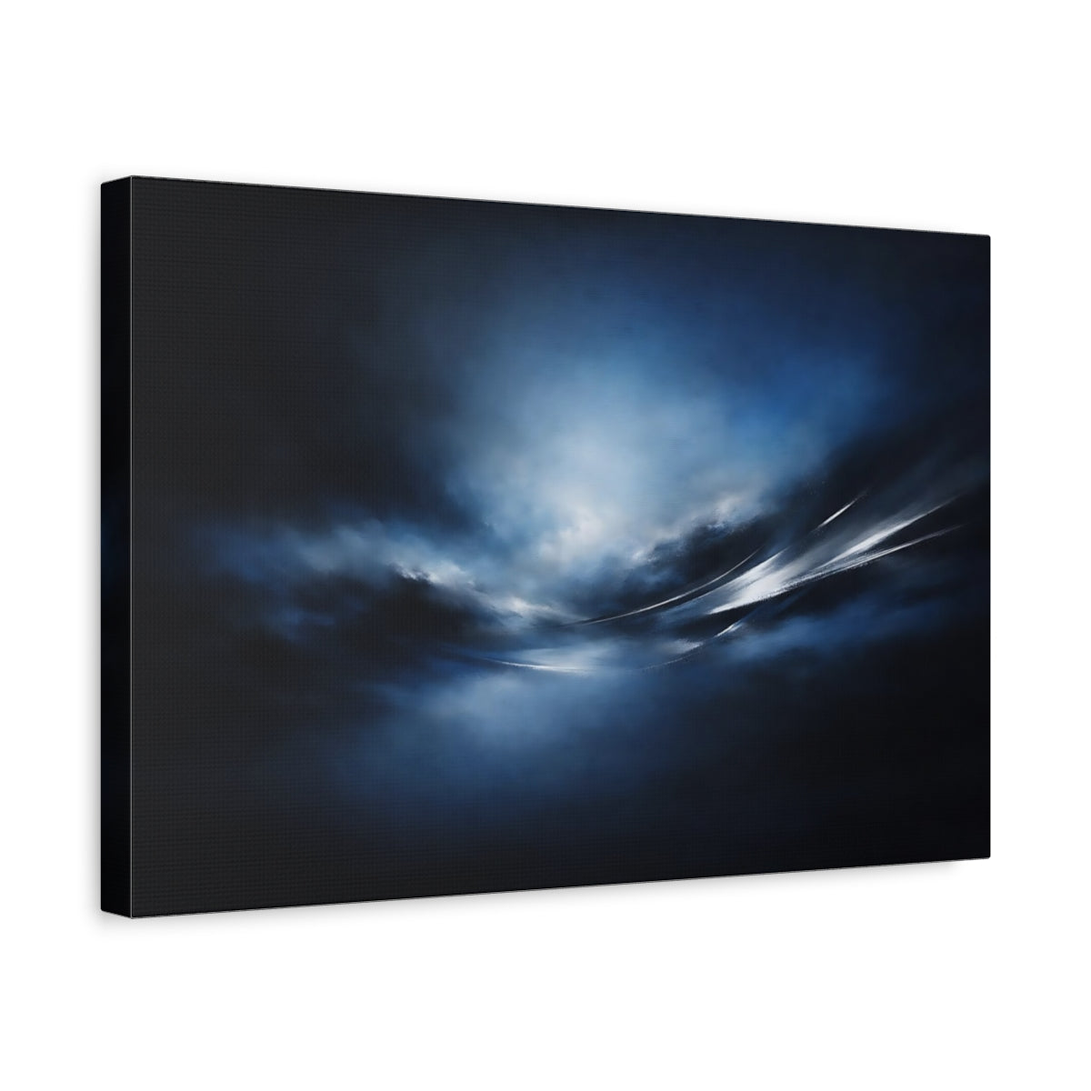 Side Mockup 4. Abstract Dynamic Light Dark Blue Abstract shown as stretched canvas wall art