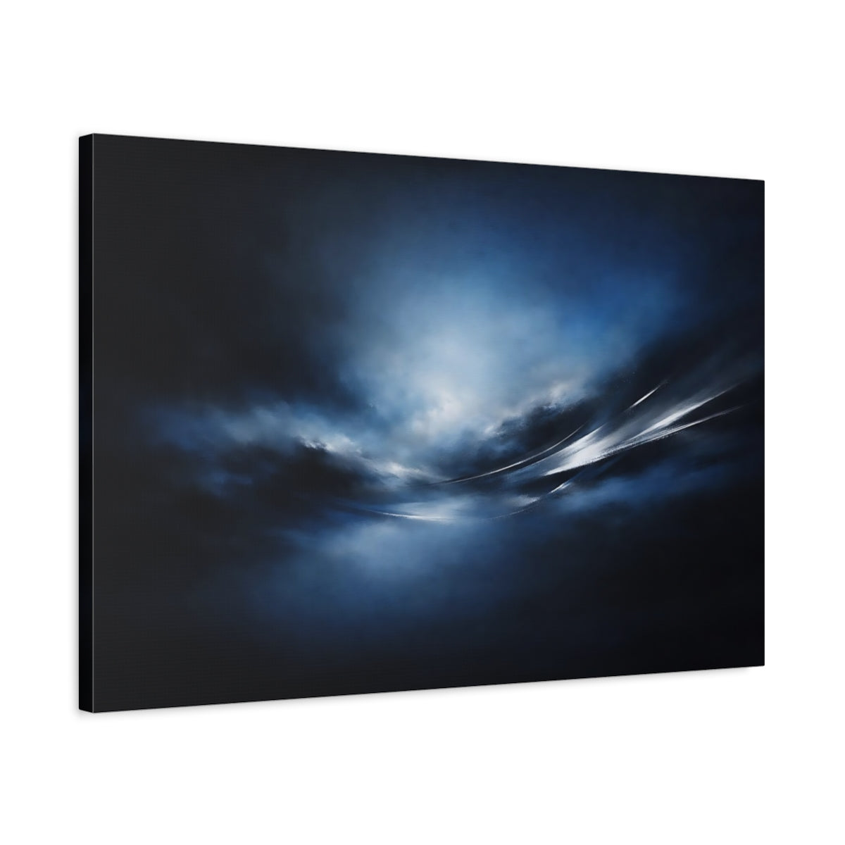 Side Mockup 2. Abstract Dynamic Light Dark Blue Abstract shown as stretched canvas wall art