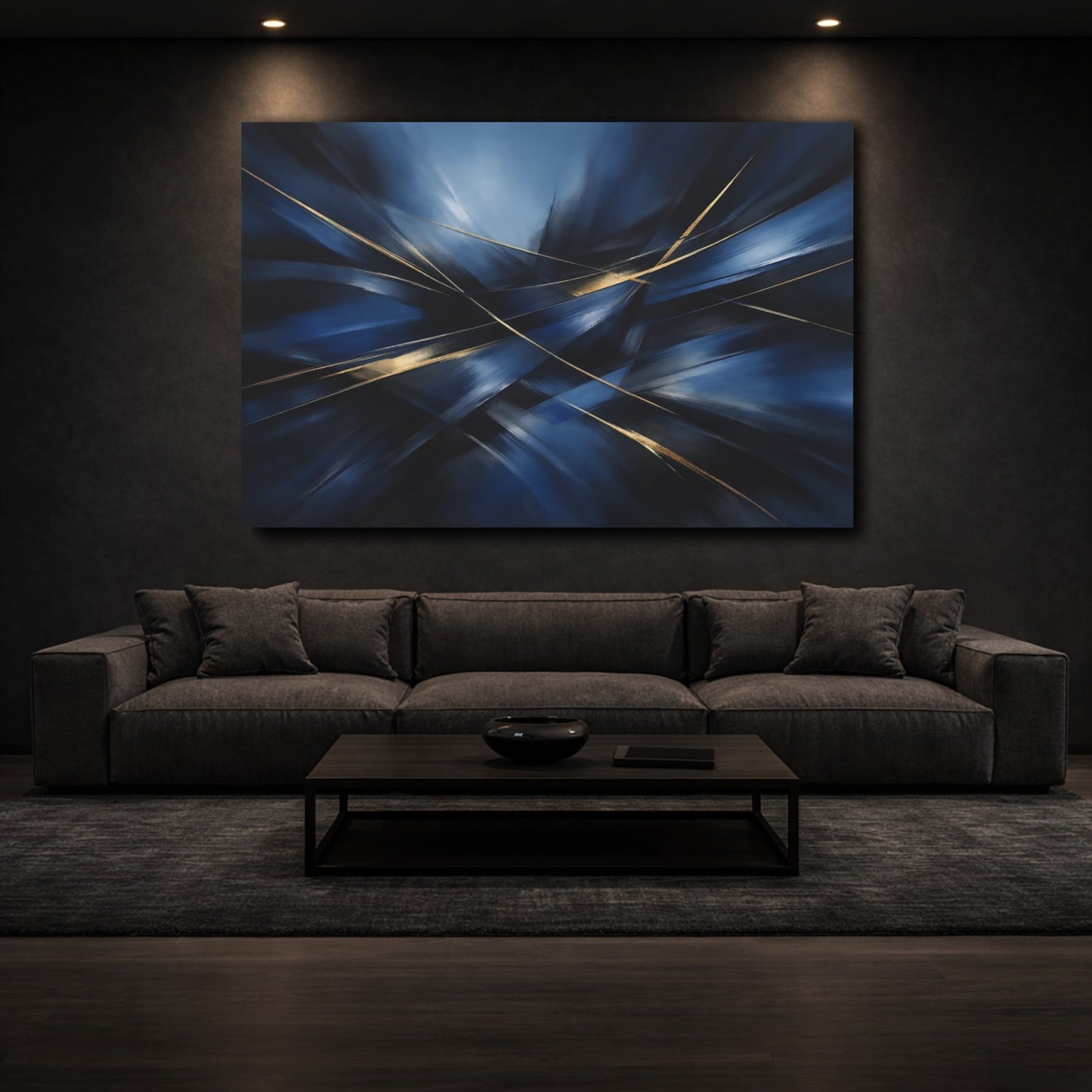 Mockup 2. Abstract Dynamic Lines Blue And Gold Abstract shown as stretched canvas wall art