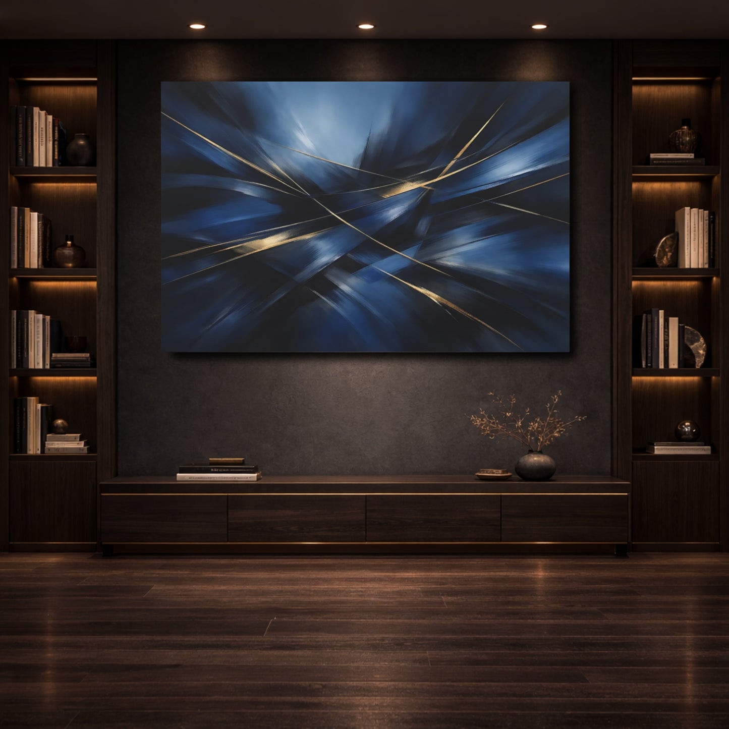 Mockup 3. Abstract Dynamic Lines Blue And Gold Abstract shown as stretched canvas wall art