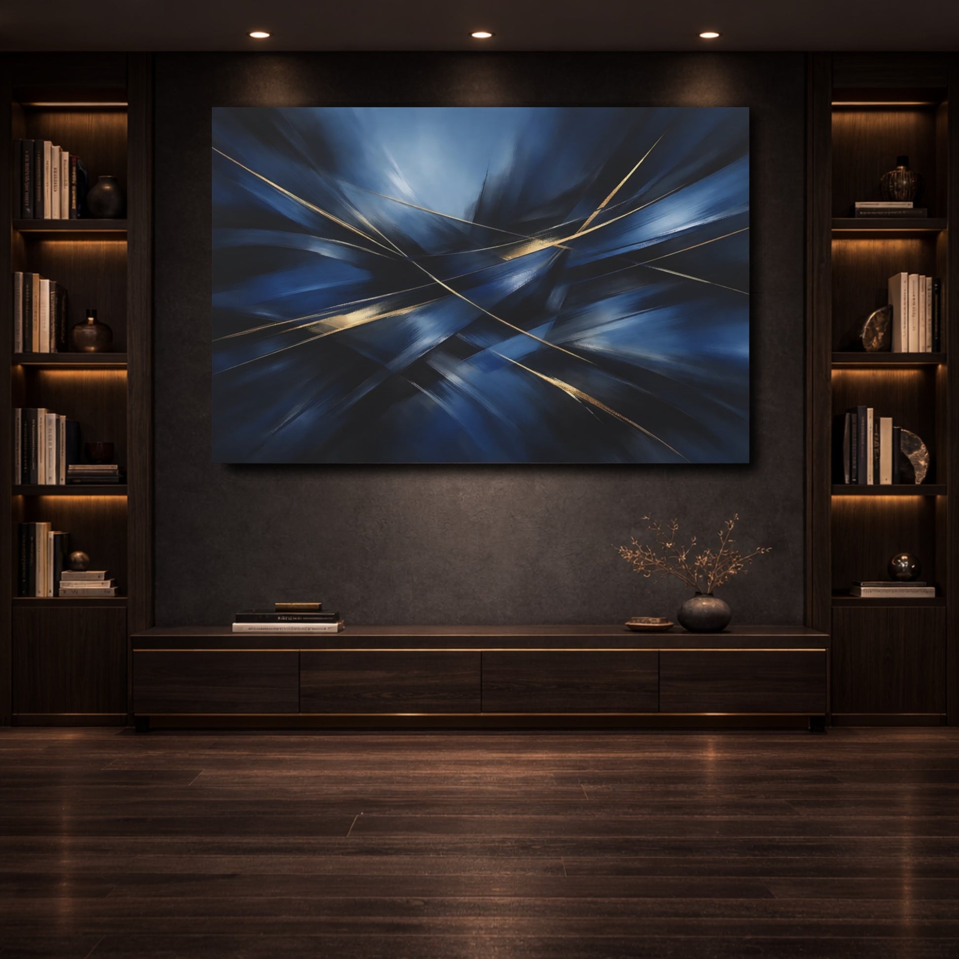 Mockup 3. Abstract Dynamic Lines Blue And Gold Abstract shown as stretched canvas wall art