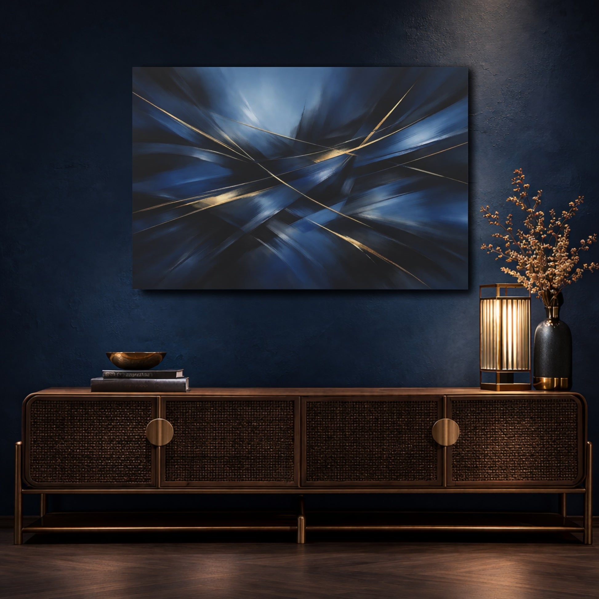 Mockup 4. Abstract Dynamic Lines Blue And Gold Abstract shown as stretched canvas wall art