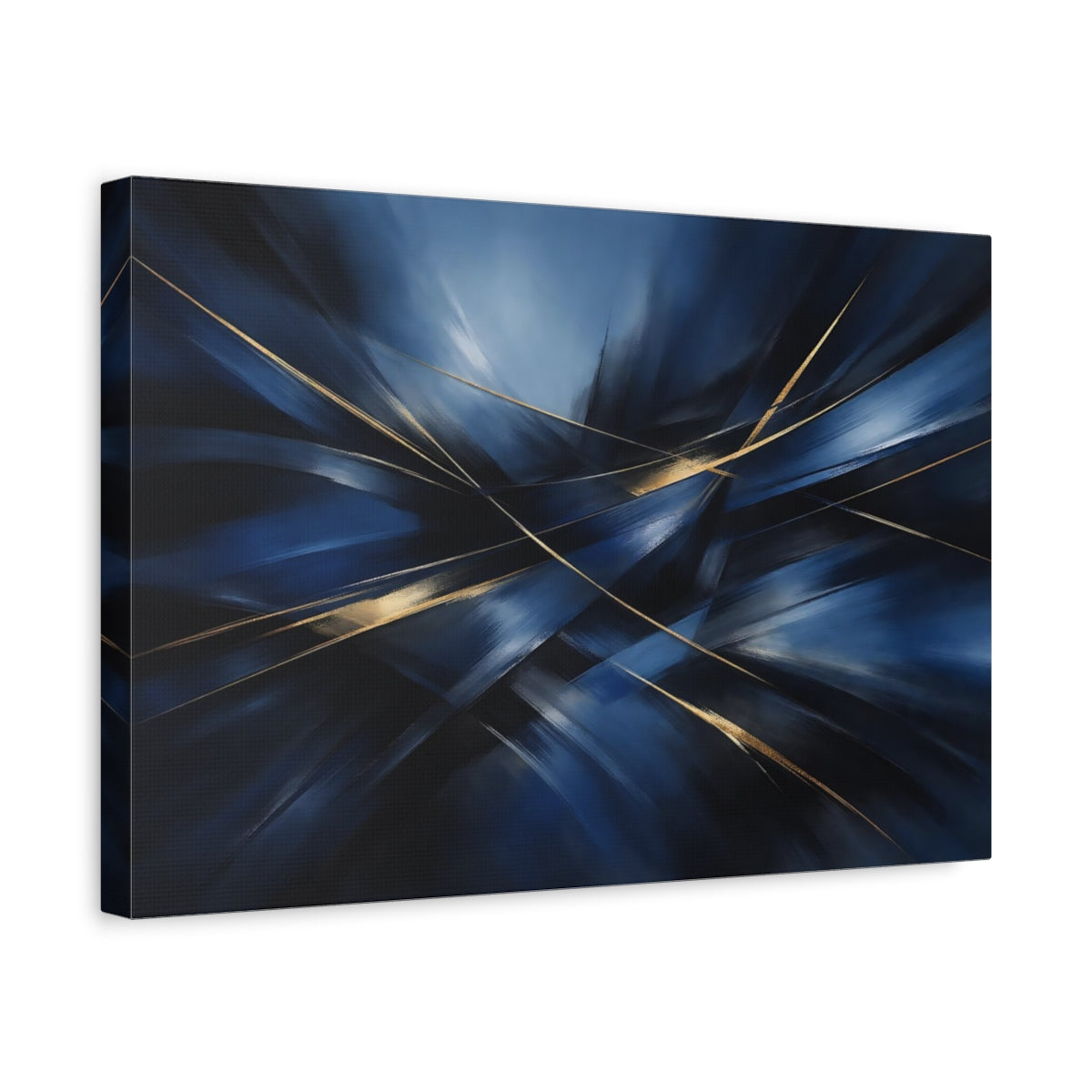 Side Mockup 4. Abstract Dynamic Lines Blue And Gold Abstract shown as stretched canvas wall art