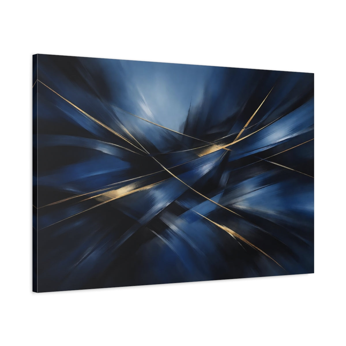 Side Mockup 1. Abstract Dynamic Lines Blue And Gold Abstract shown as stretched canvas wall art