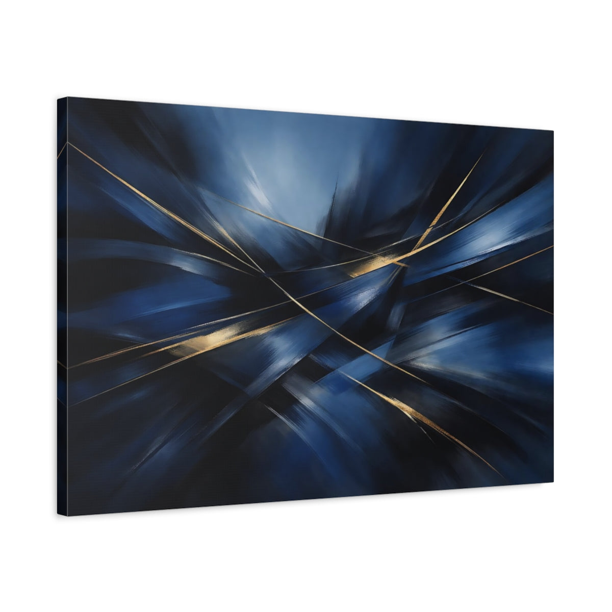 Side Mockup 2. Abstract Dynamic Lines Blue And Gold Abstract shown as stretched canvas wall art