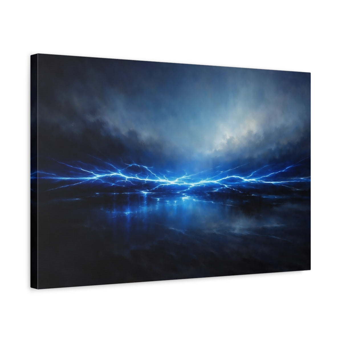 Side Mockup 3. Abstract Electric Energy Electric Blue shown as stretched canvas wall art