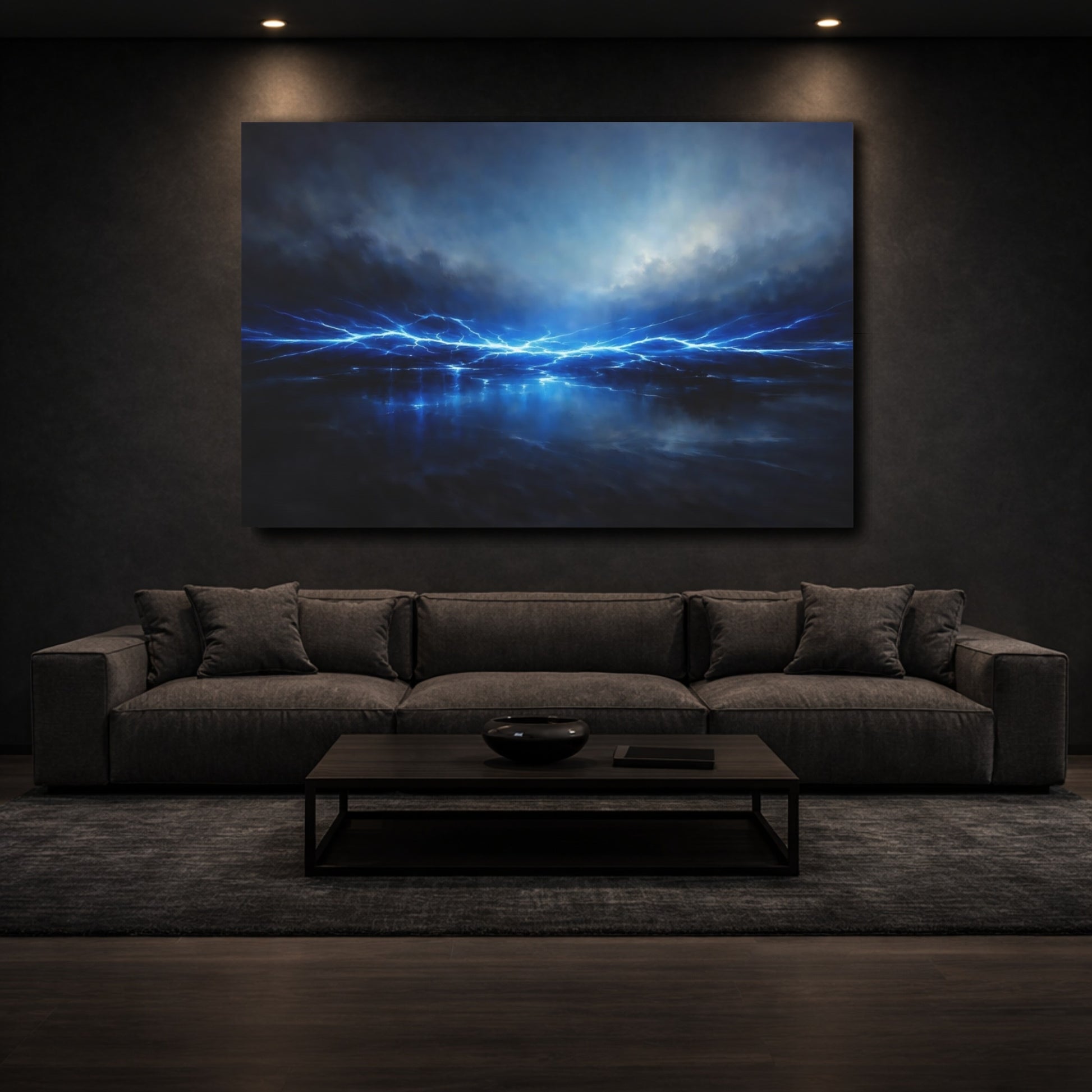 Mockup 2. Abstract Electric Energy Electric Blue shown as stretched canvas wall art