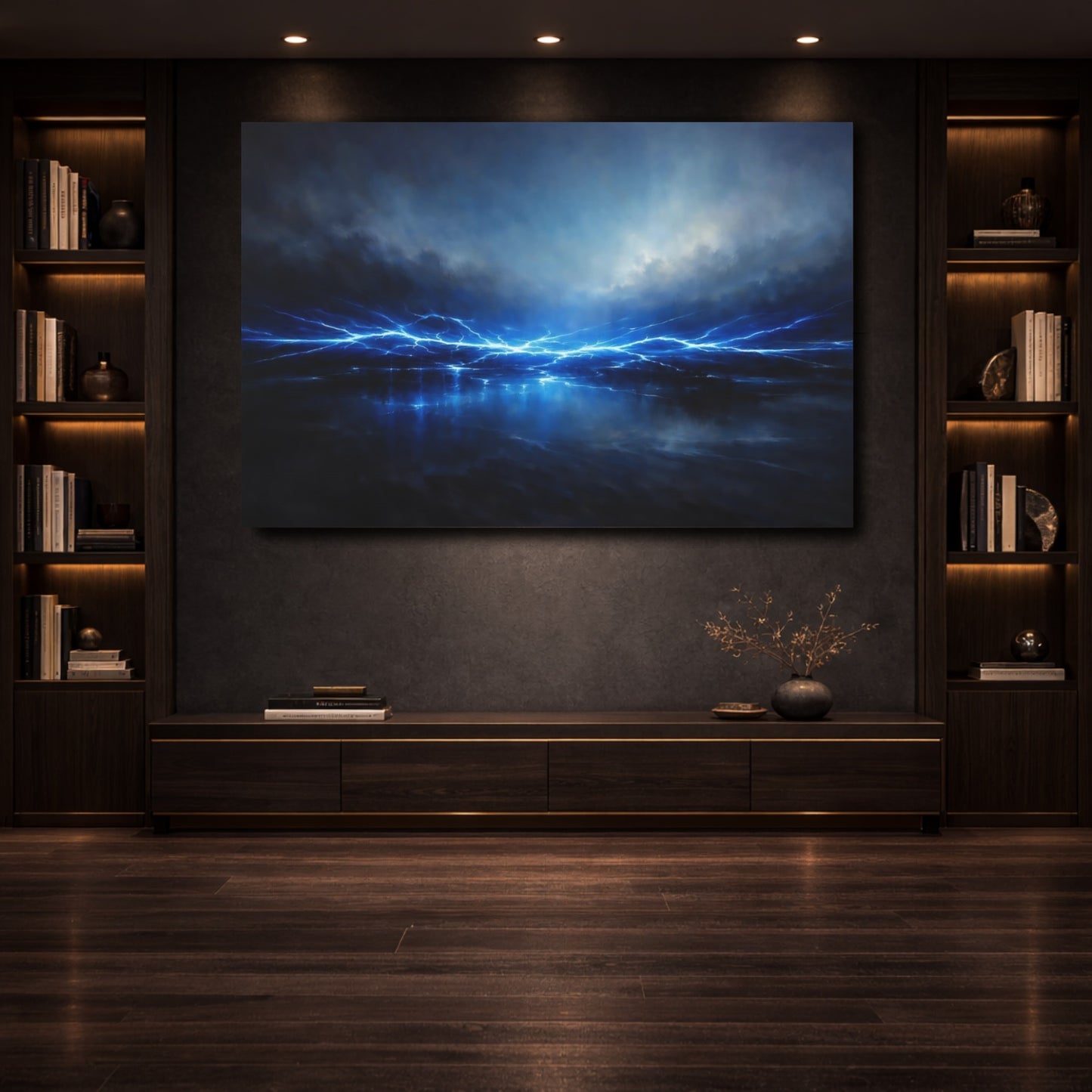 Mockup 3. Abstract Electric Energy Electric Blue shown as stretched canvas wall art