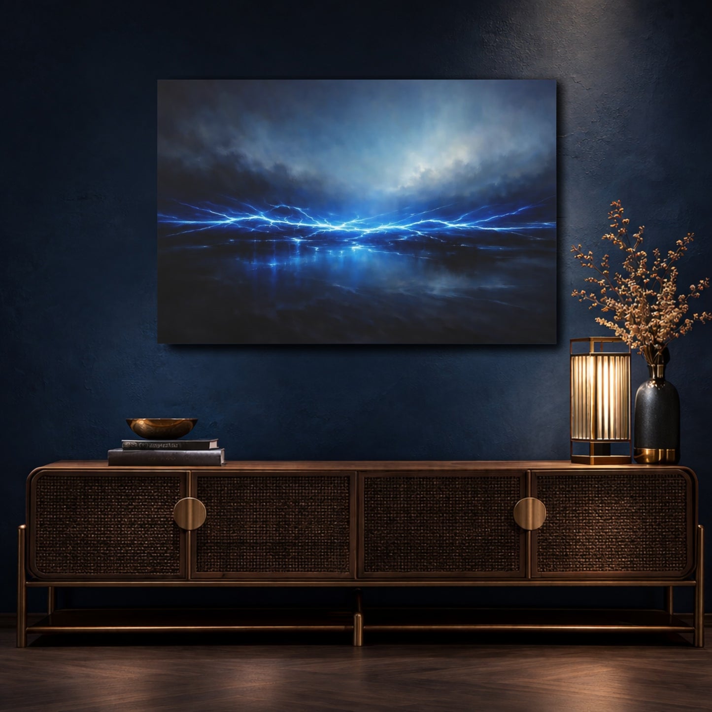 Mockup 4. Abstract Electric Energy Electric Blue shown as stretched canvas wall art