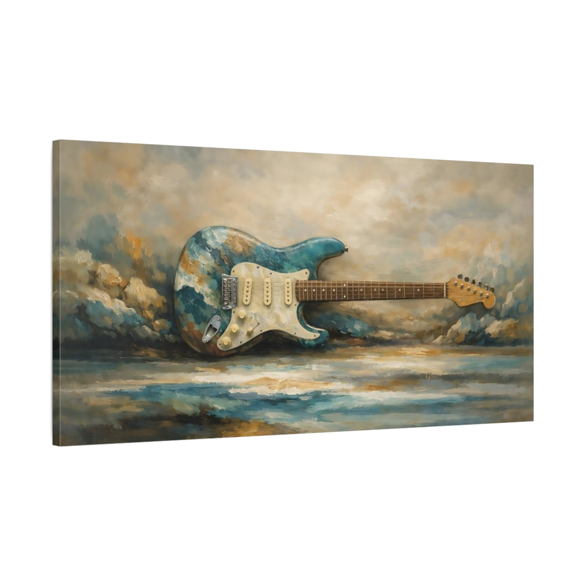 Side Mockup 1. Abstract Electric Guitar Blue Gold Guitar shown as stretched canvas wall art