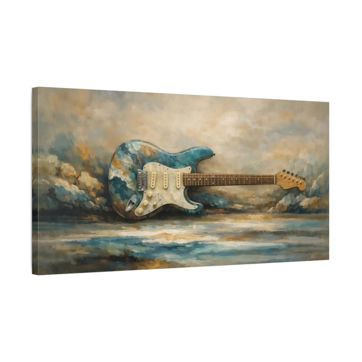 Side Mockup 2. Abstract Electric Guitar Blue Gold Guitar shown as stretched canvas wall art