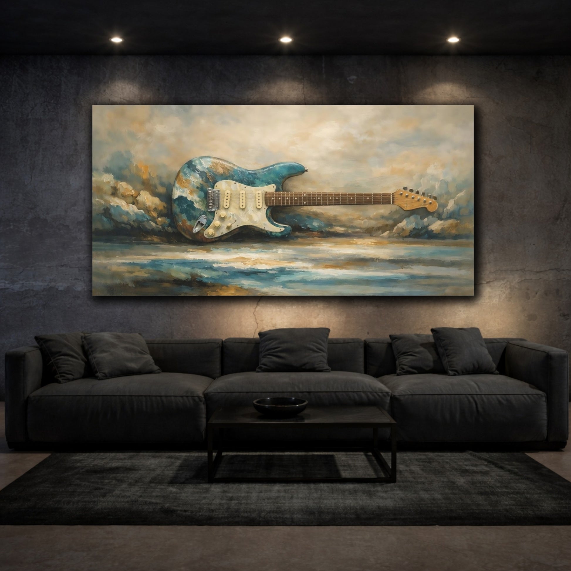 Mockup 2. Abstract Electric Guitar Blue Gold Guitar shown as stretched canvas wall art