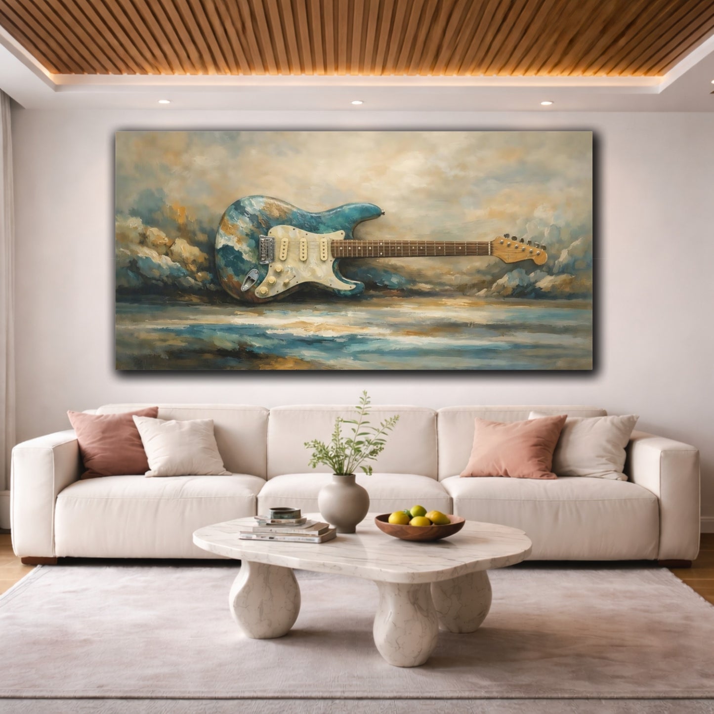 Mockup 3. Abstract Electric Guitar Blue Gold Guitar shown as stretched canvas wall art
