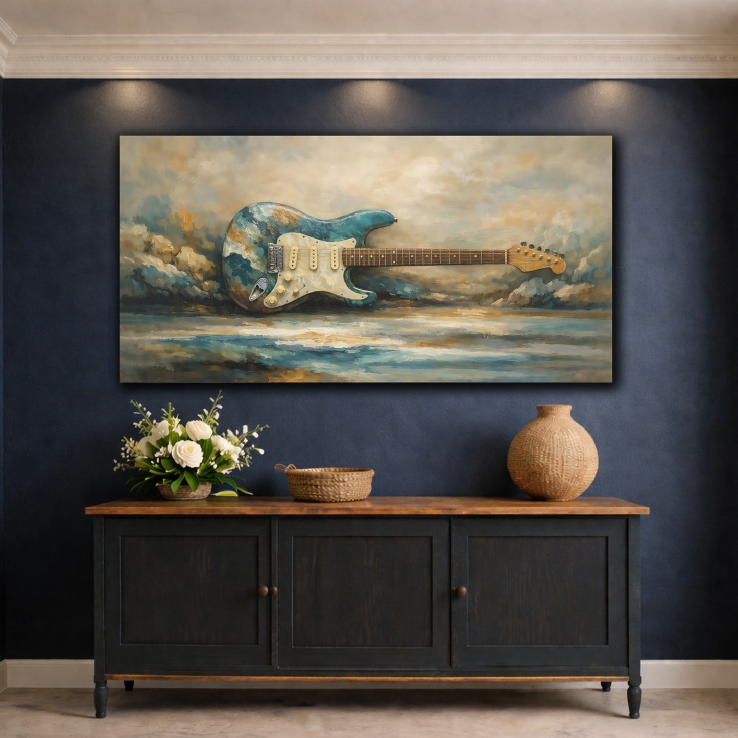 Mockup 4. Abstract Electric Guitar Blue Gold Guitar shown as stretched canvas wall art