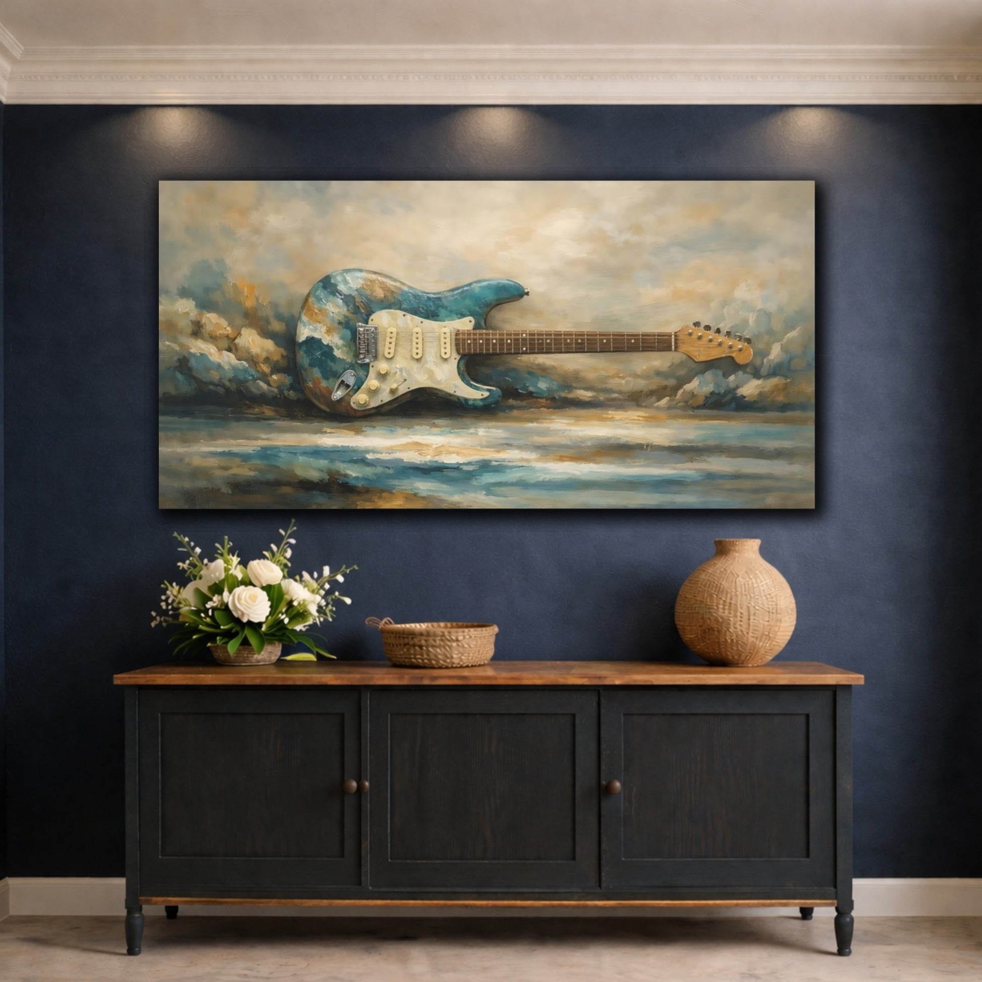 Mockup 4. Abstract Electric Guitar Blue Gold Guitar shown as stretched canvas wall art