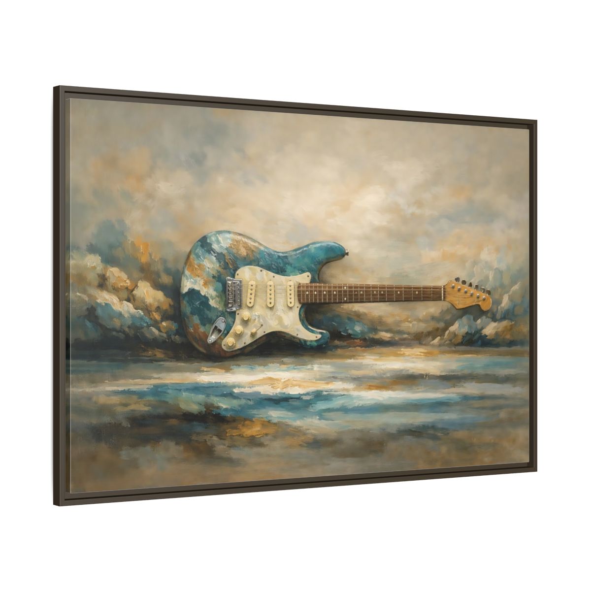 Main Mockup. Abstract Electric Guitar Blue Guitar Painting shown as stretched canvas wall art