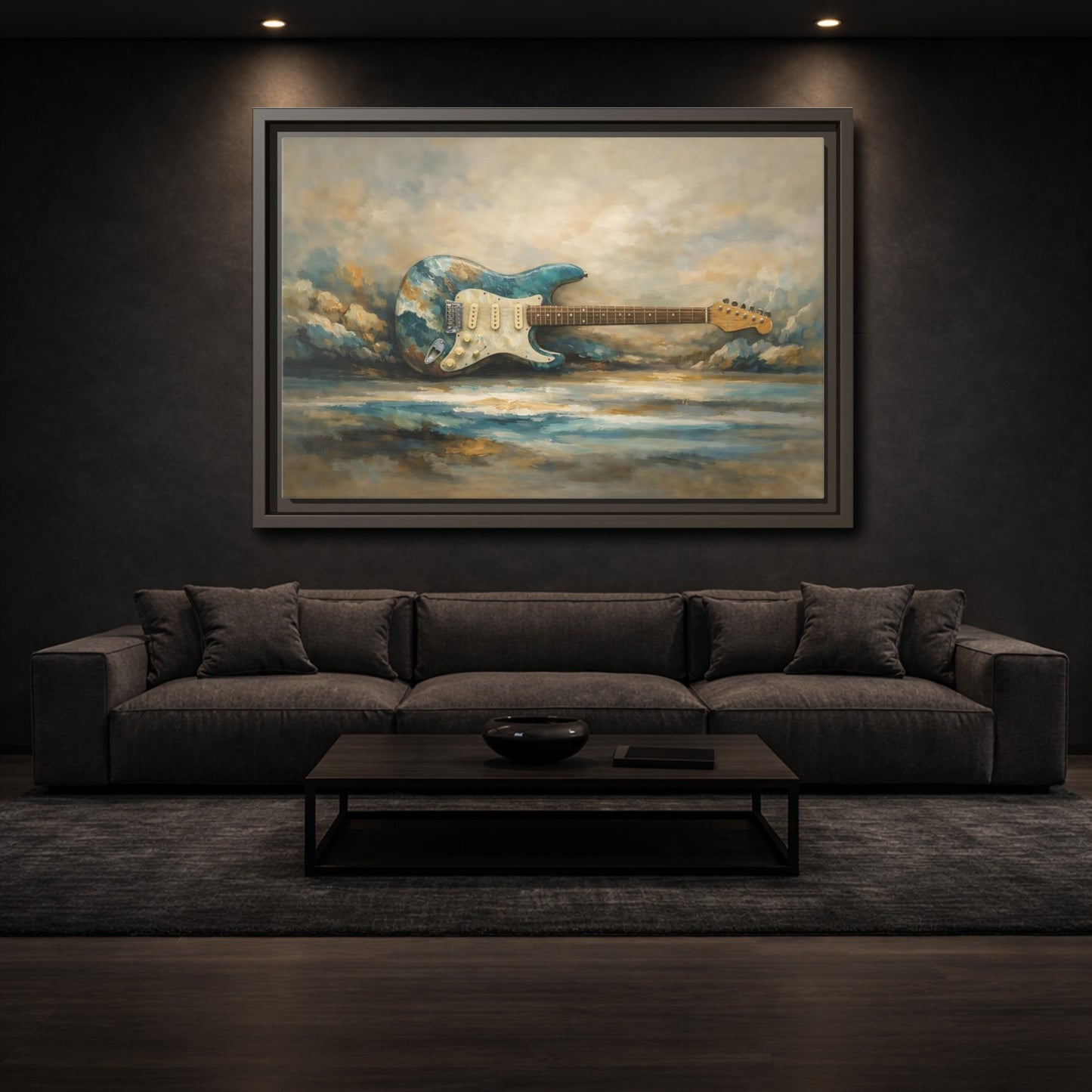 Mockup 2. Abstract Electric Guitar Blue Guitar Painting shown as stretched canvas wall art