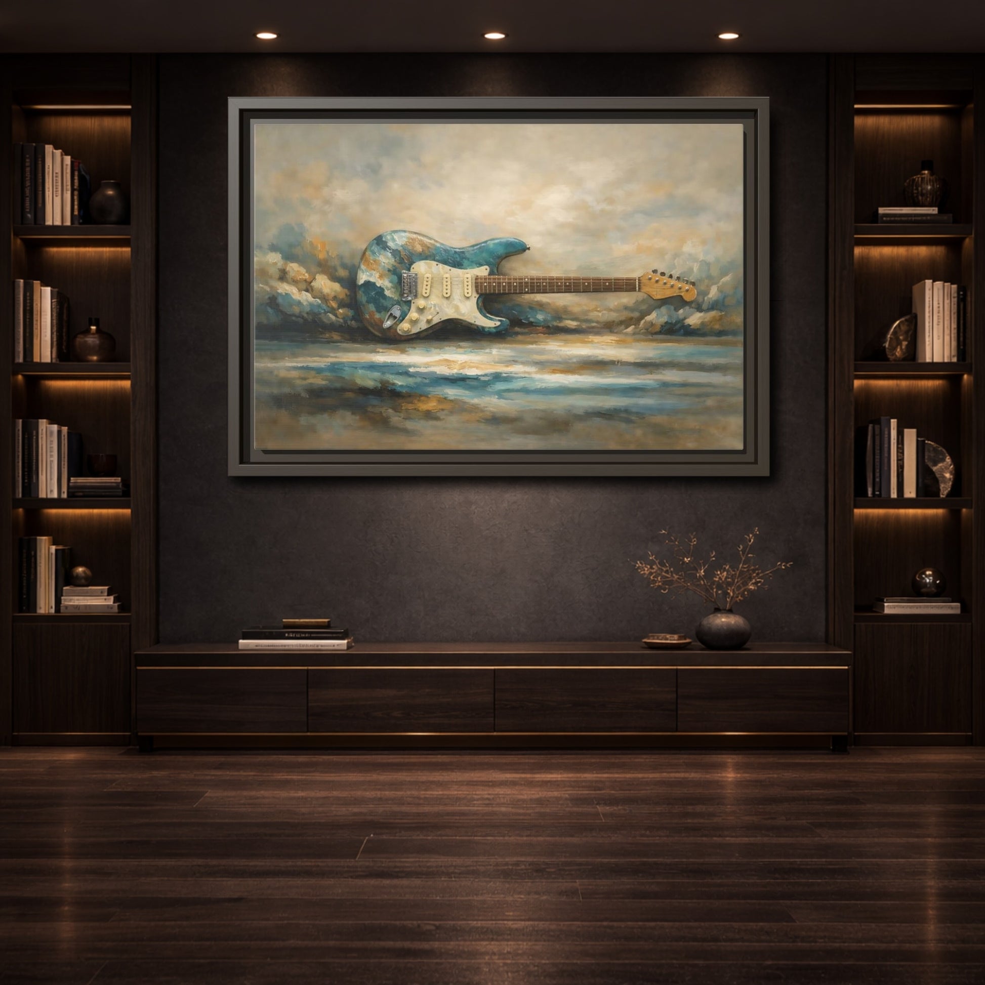 Mockup 3. Abstract Electric Guitar Blue Guitar Painting shown as stretched canvas wall art
