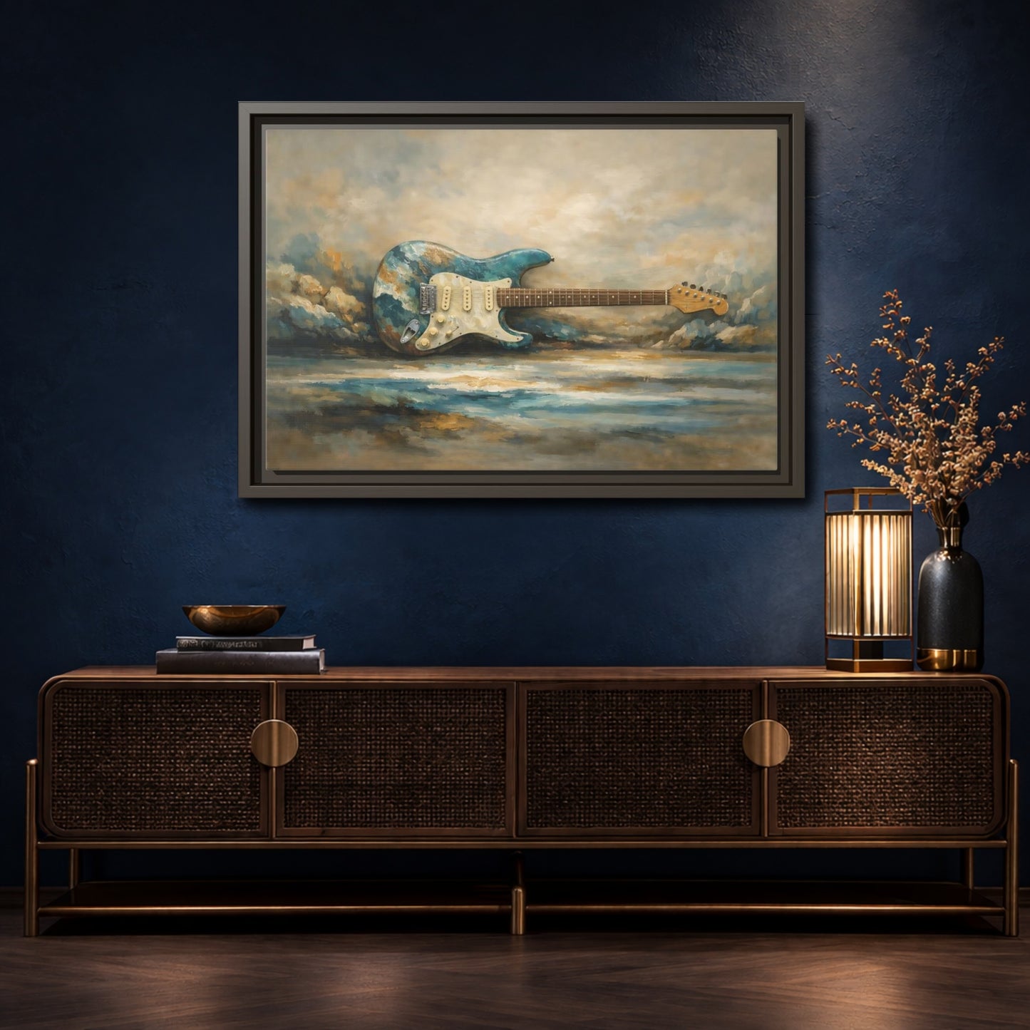 Mockup 4. Abstract Electric Guitar Blue Guitar Painting shown as stretched canvas wall art