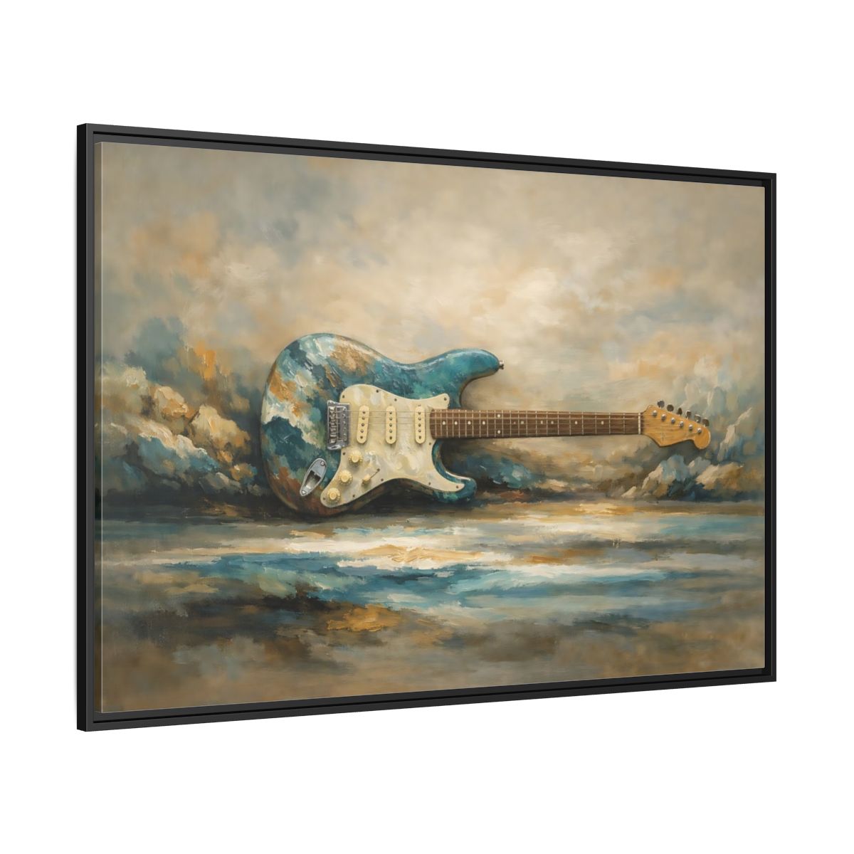 Side Mockup 12. Abstract Electric Guitar Blue Guitar Painting shown as stretched canvas wall art