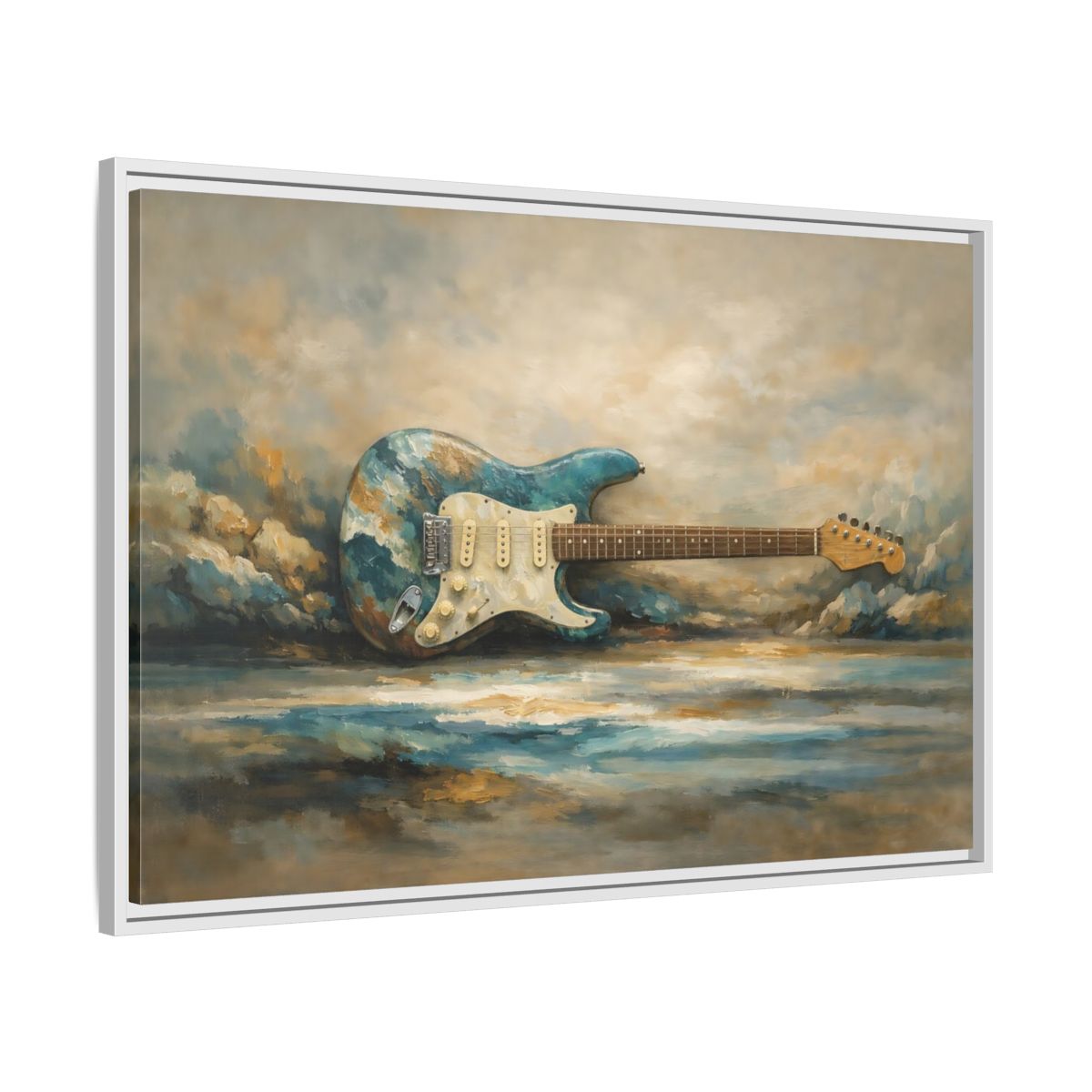 Side Mockup 8. Abstract Electric Guitar Blue Guitar Painting shown as stretched canvas wall art