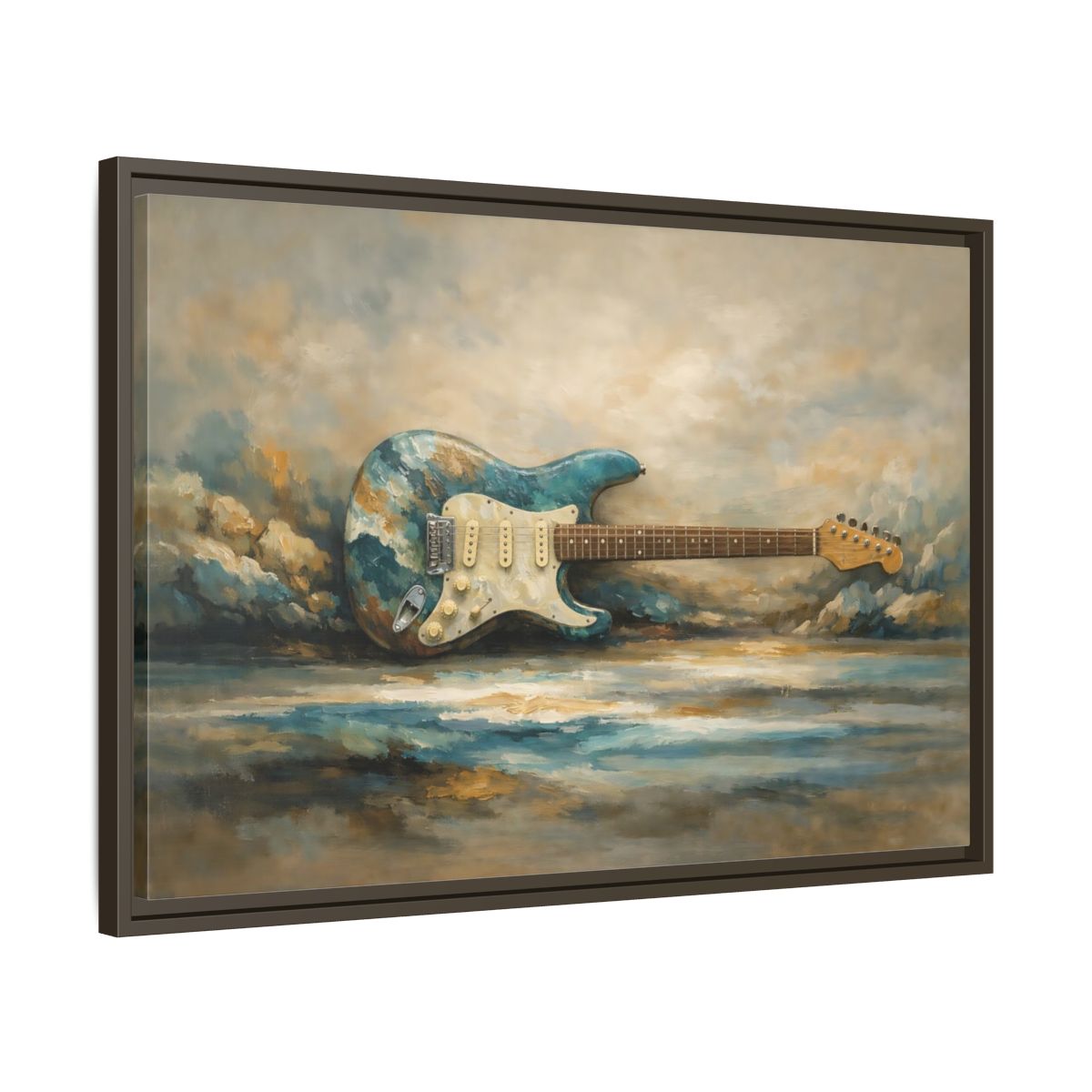 Side Mockup 11. Abstract Electric Guitar Blue Guitar Painting shown as stretched canvas wall art