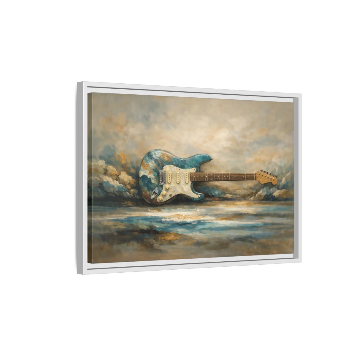Side Mockup 1. Abstract Electric Guitar Blue Guitar Painting shown as stretched canvas wall art