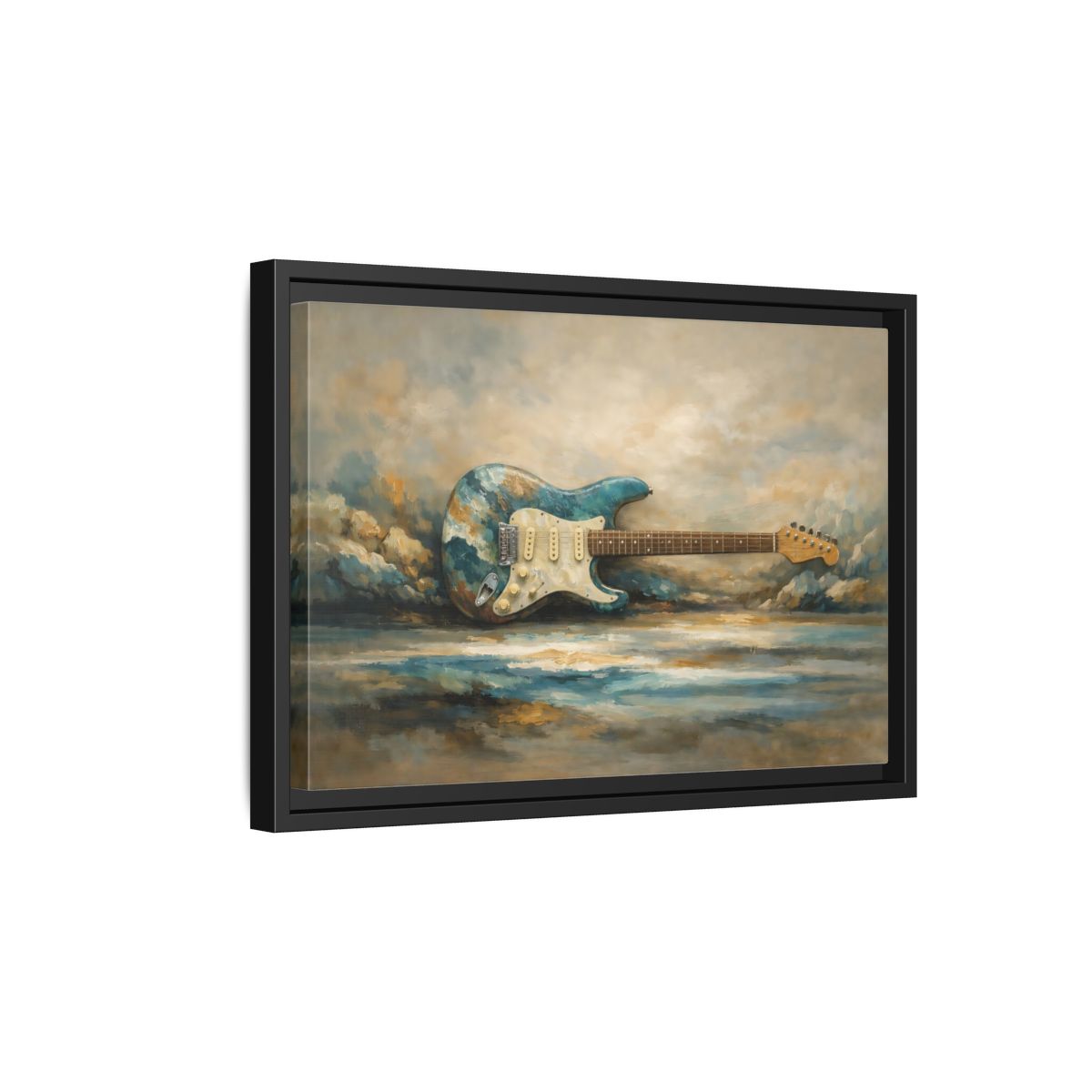 Side Mockup 6. Abstract Electric Guitar Blue Guitar Painting shown as stretched canvas wall art